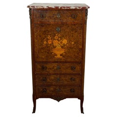 French Louis XVI Style Burl Wood Secretary Chest with Marble Top, 1930s