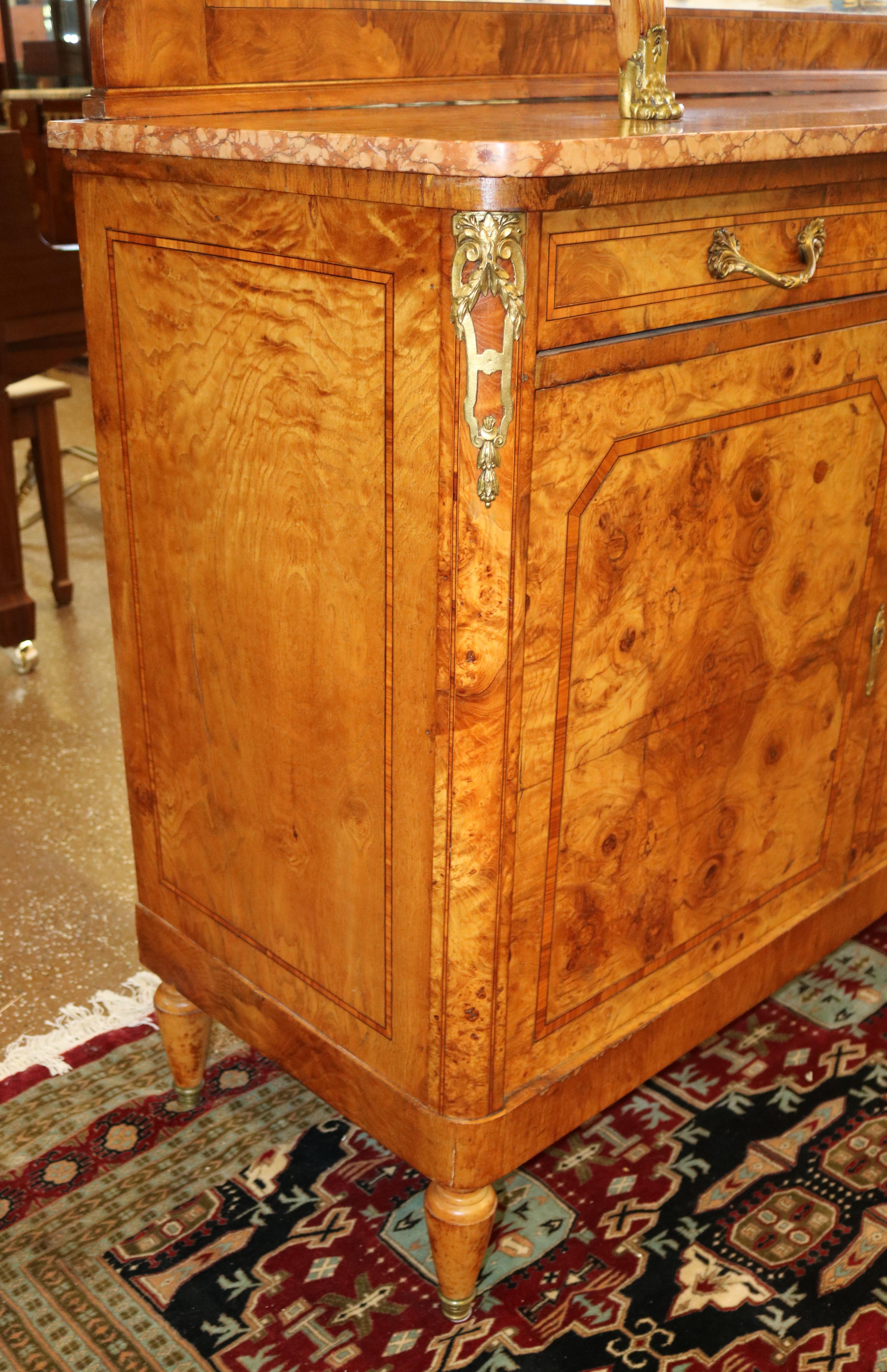 French Louis XVI Style Burled Walnut Marble Top Sideboard Buffet Circa 1920 For Sale 7