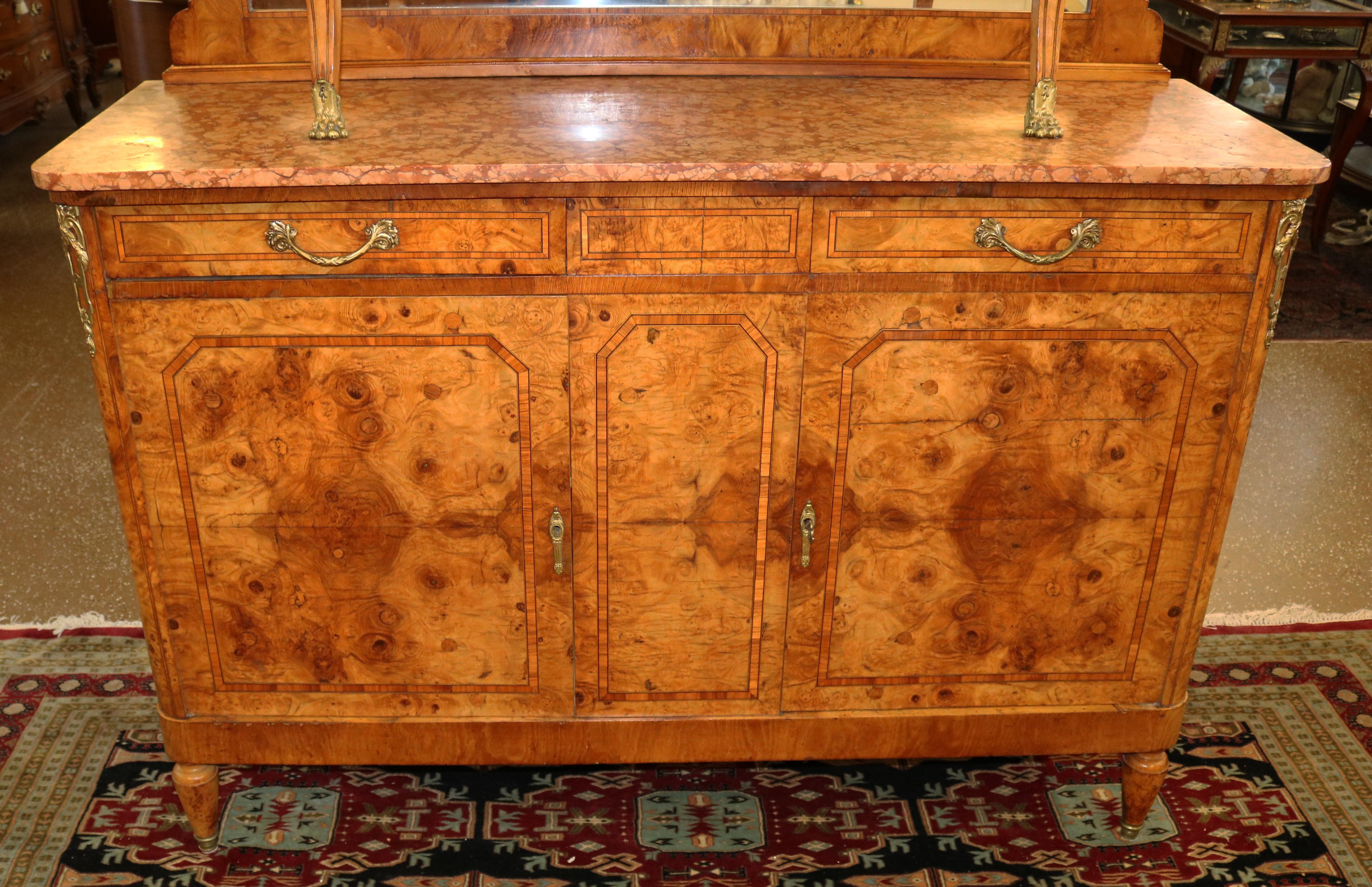 French Louis XVI Style Burled Walnut Marble Top Sideboard Buffet Circa 1920 For Sale 9