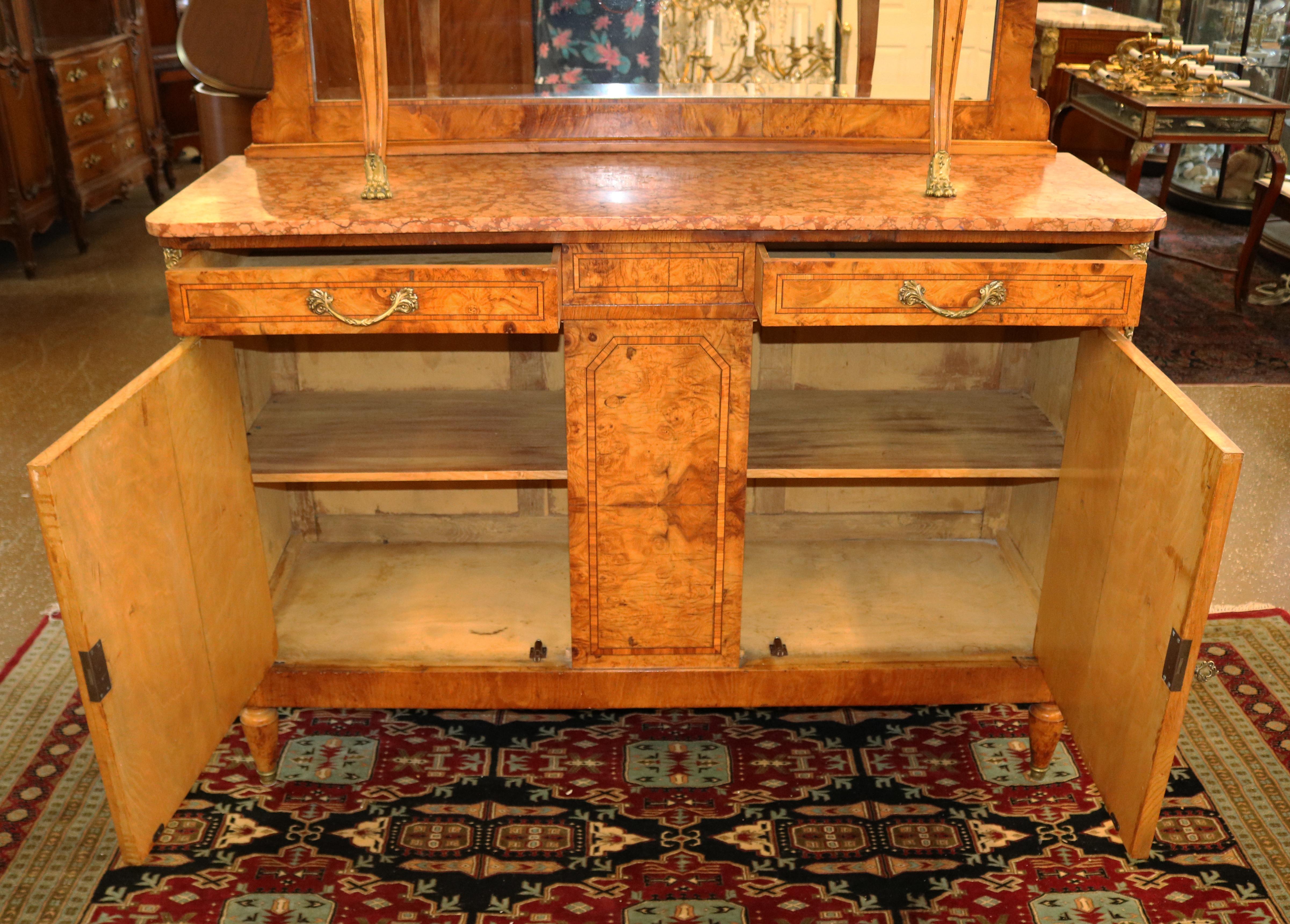 French Louis XVI Style Burled Walnut Marble Top Sideboard Buffet Circa 1920 For Sale 13