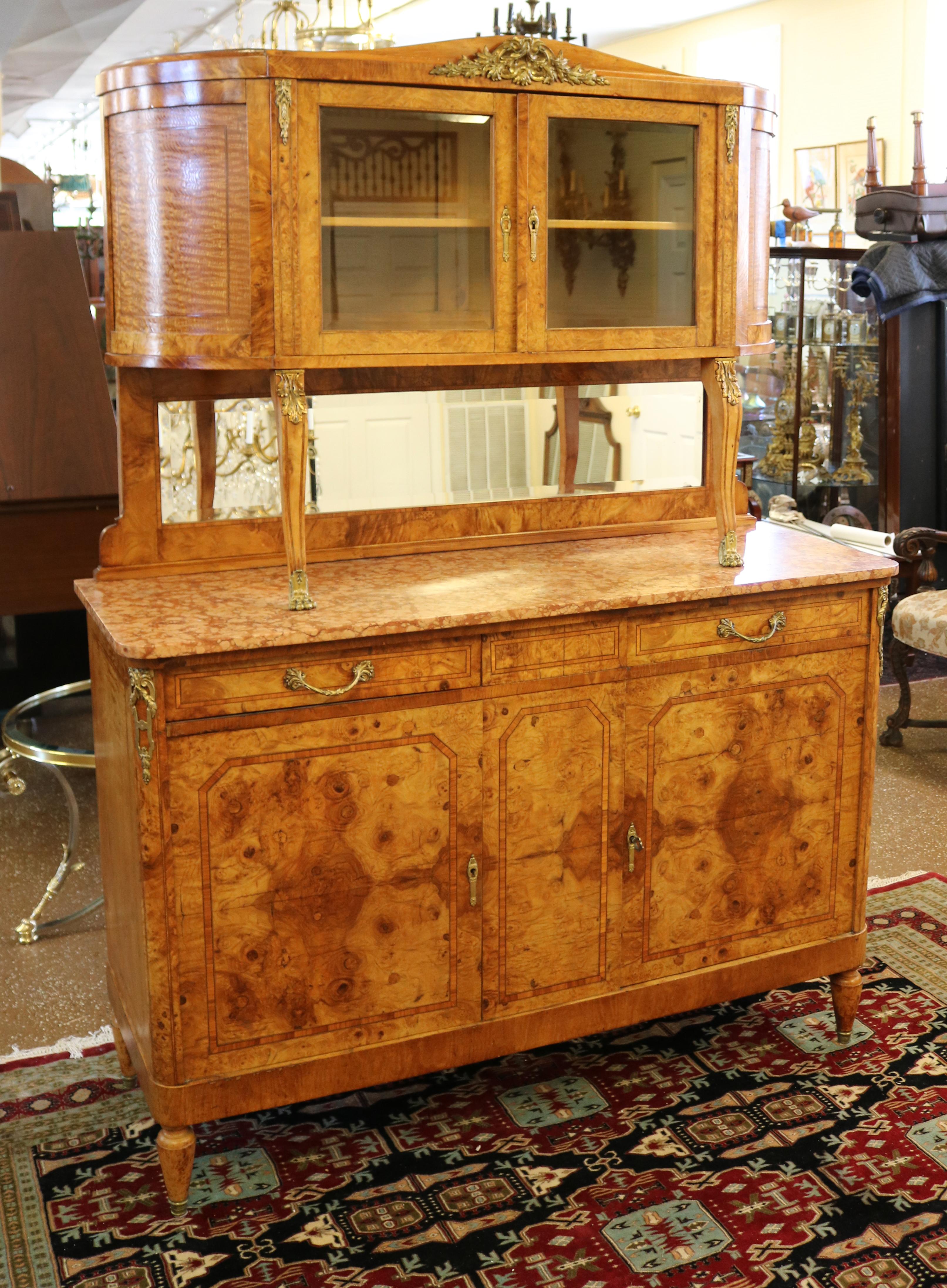 French Louis XVI Style Burled Walnut Marble Top Sideboard Buffet Circa 1920 In Good Condition For Sale In Long Branch, NJ