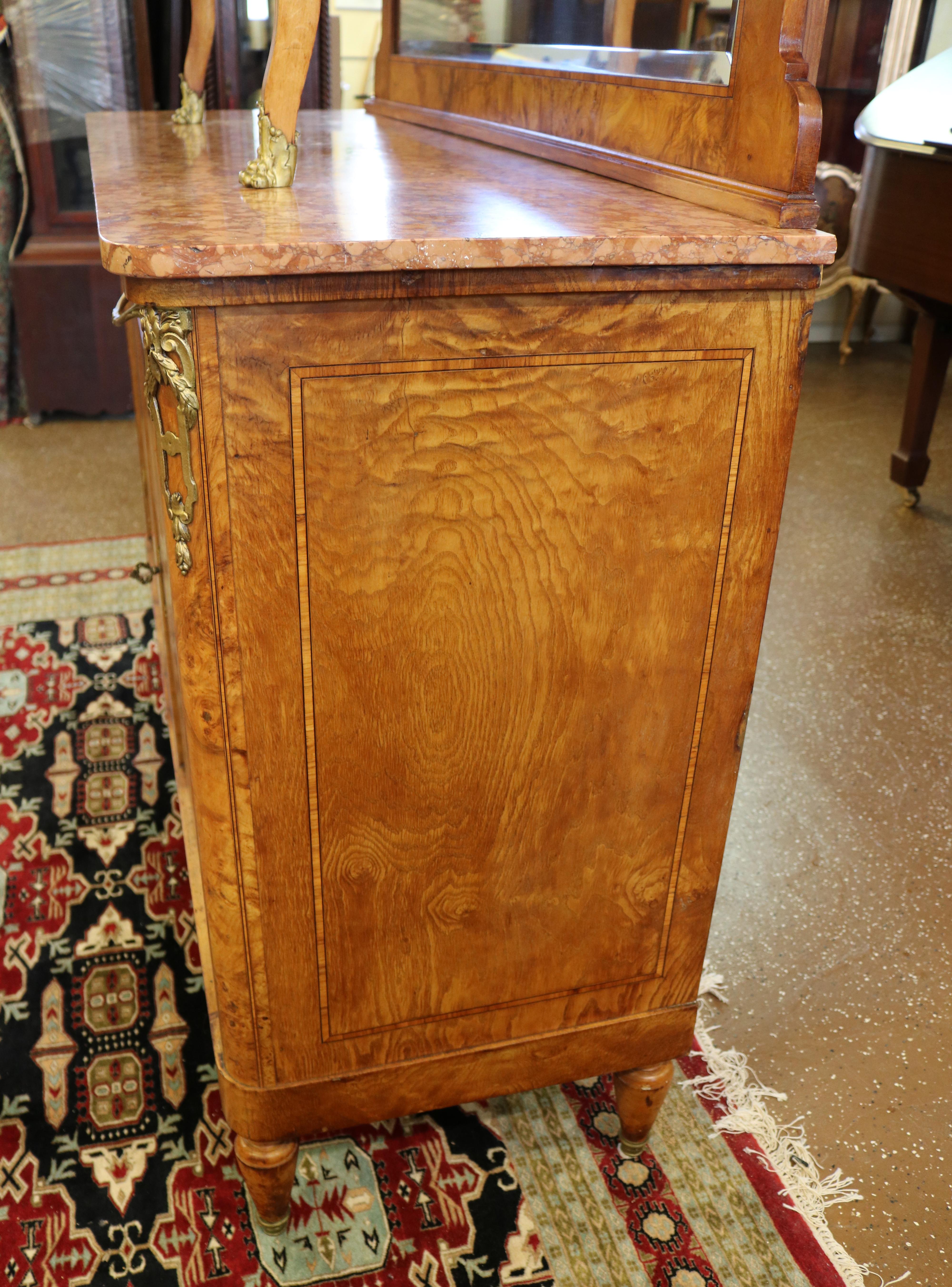 French Louis XVI Style Burled Walnut Marble Top Sideboard Buffet Circa 1920 For Sale 3