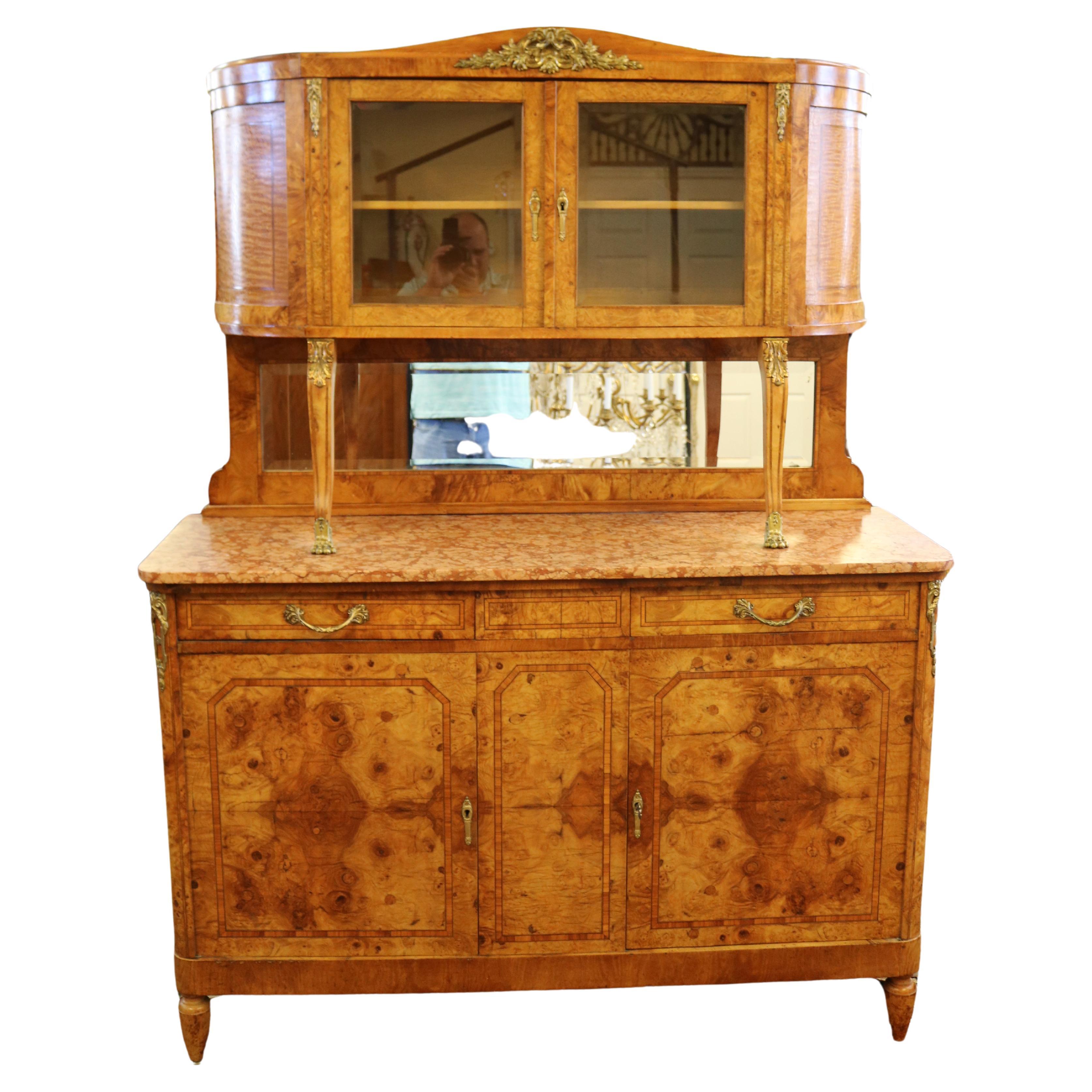 French Louis XVI Style Burled Walnut Marble Top Sideboard Buffet Circa 1920 For Sale