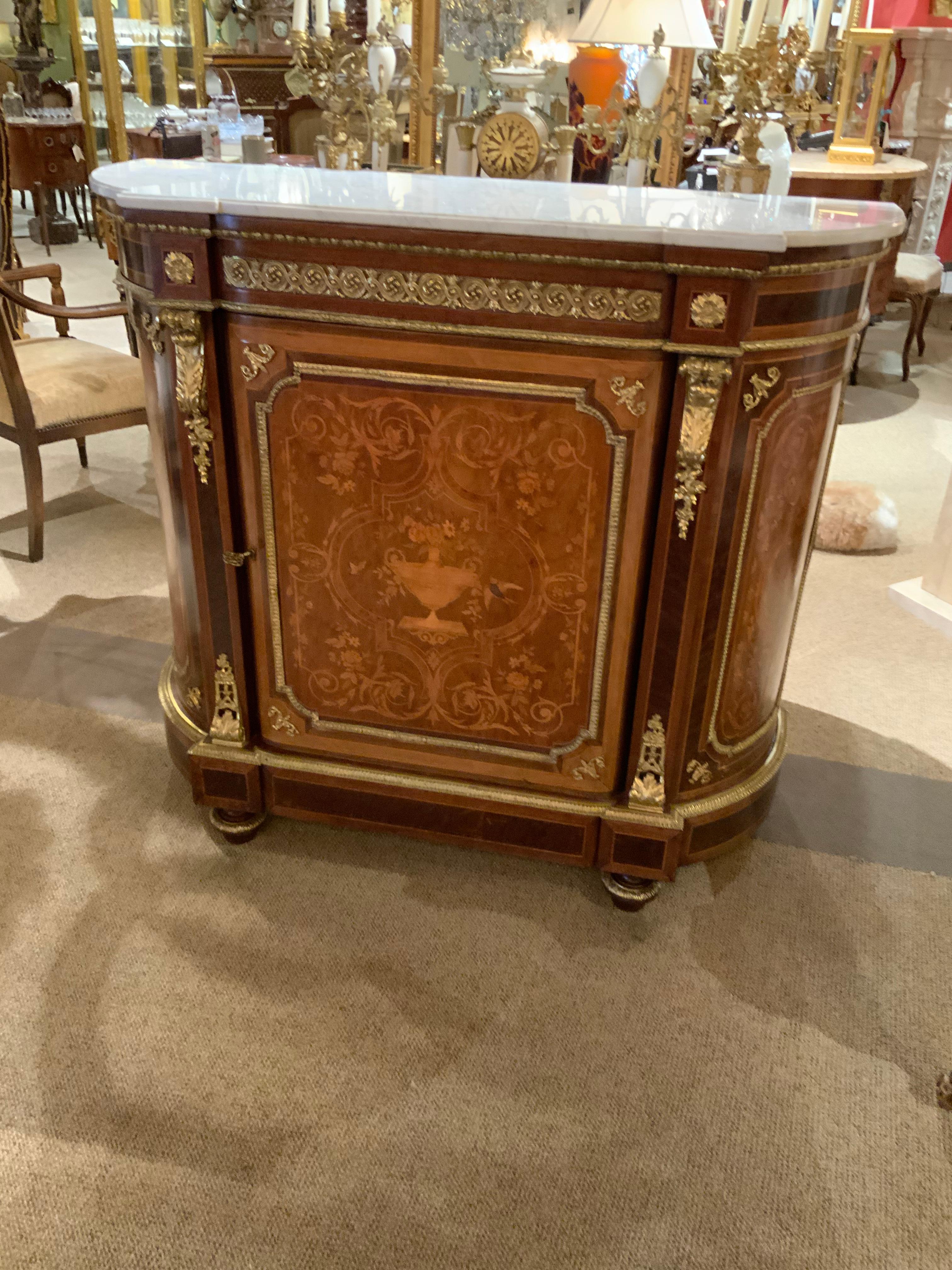 French Louis XVI-Style Cabinet with Marquetry Inlay and Marble Top, 19th C. In Good Condition In Houston, TX