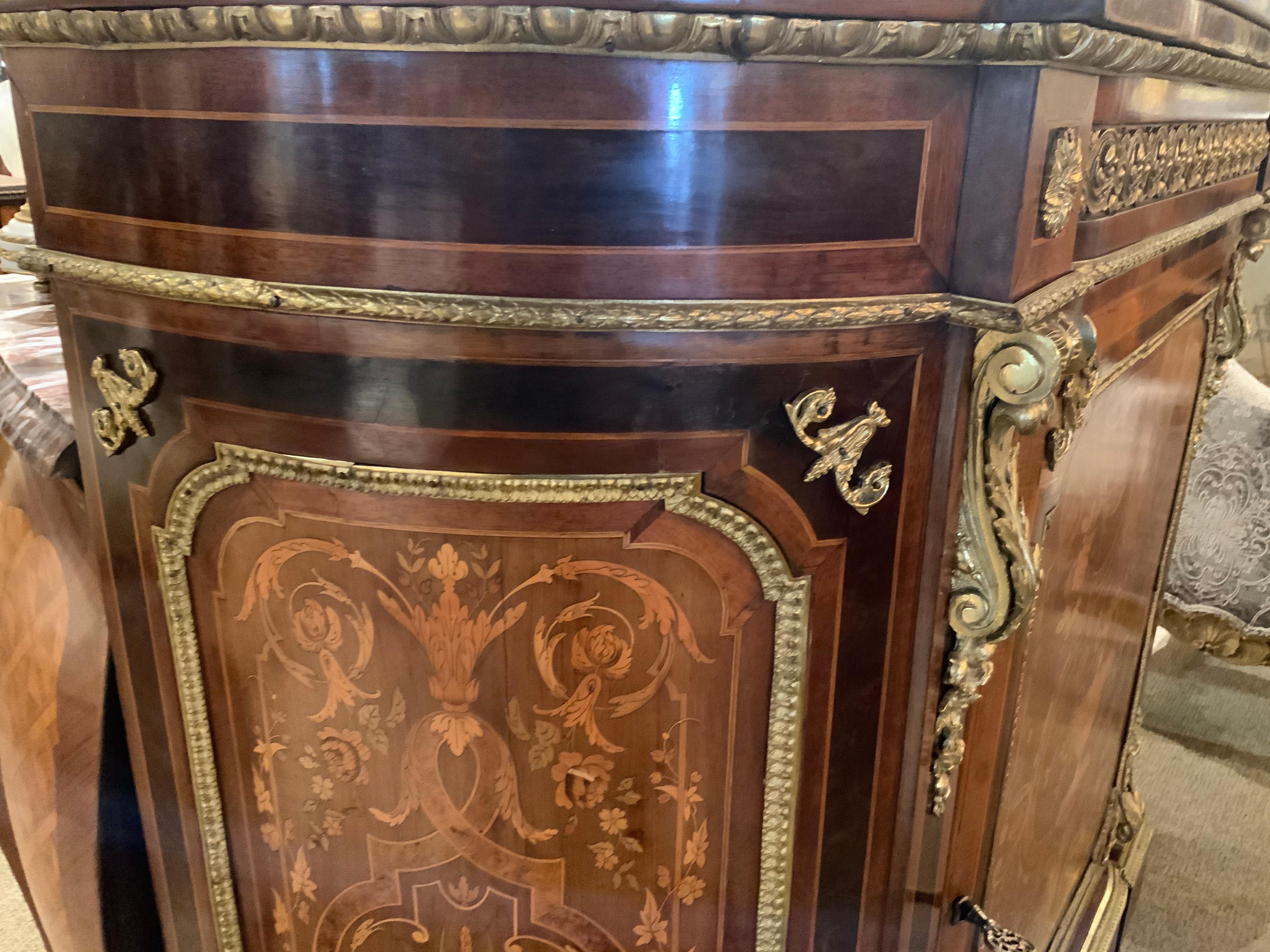 19th Century French Louis XVI-Style Cabinet with Marquetry Inlay and Marble Top, 19th C.
