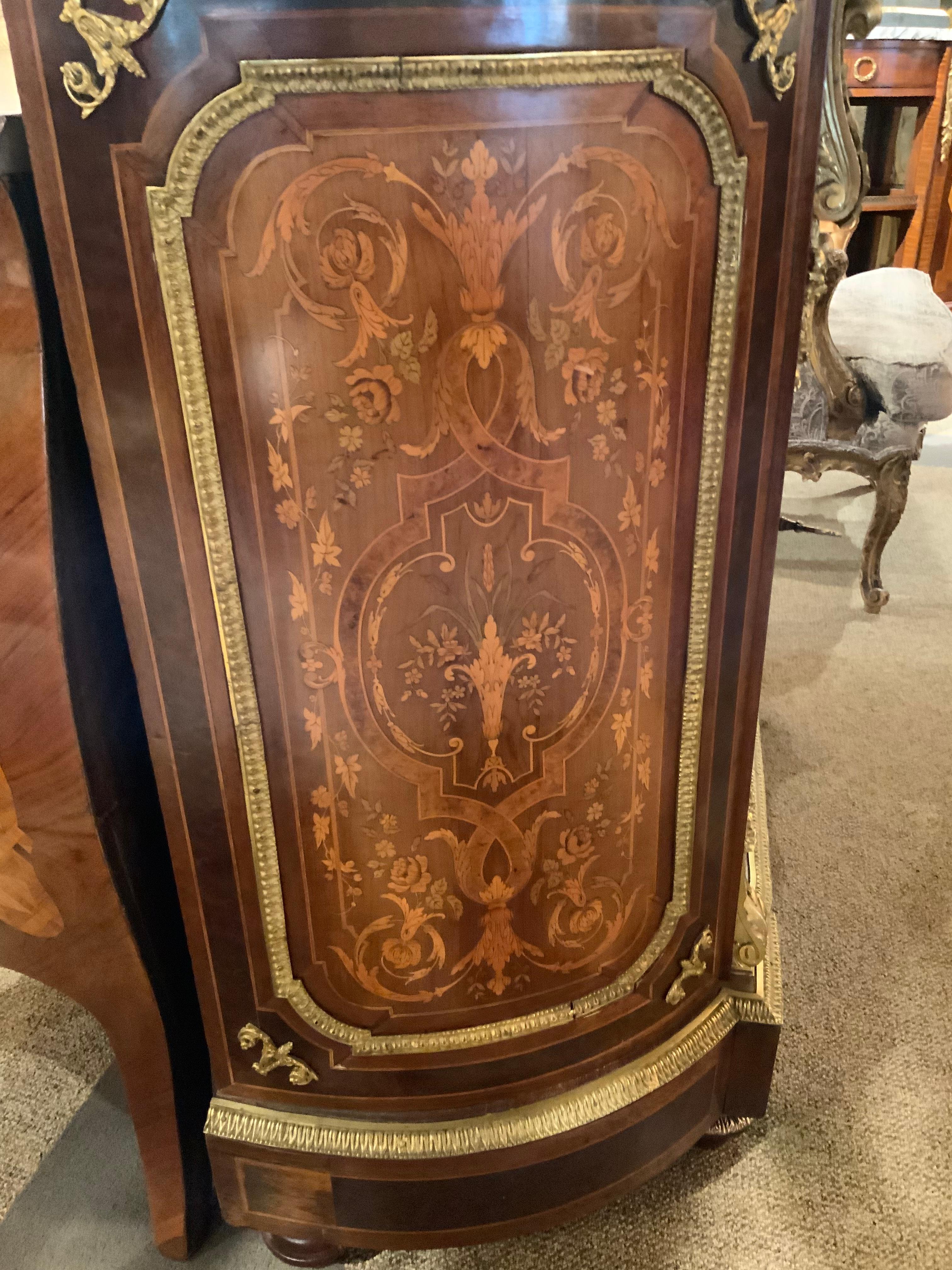 Mahogany French Louis XVI-Style Cabinet with Marquetry Inlay and Marble Top, 19th C.