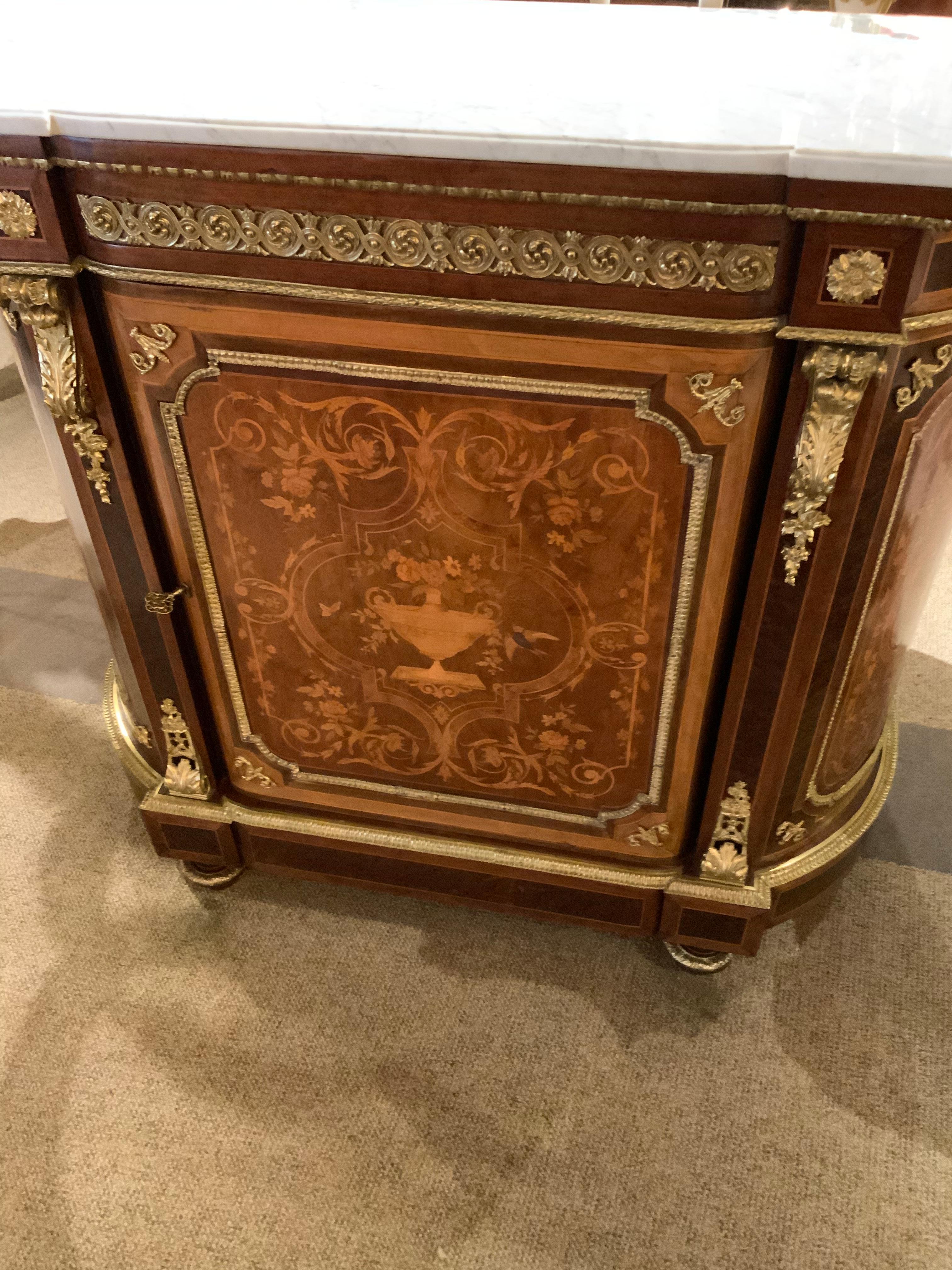 French Louis XVI-Style Cabinet with Marquetry Inlay and Marble Top, 19th C. 1