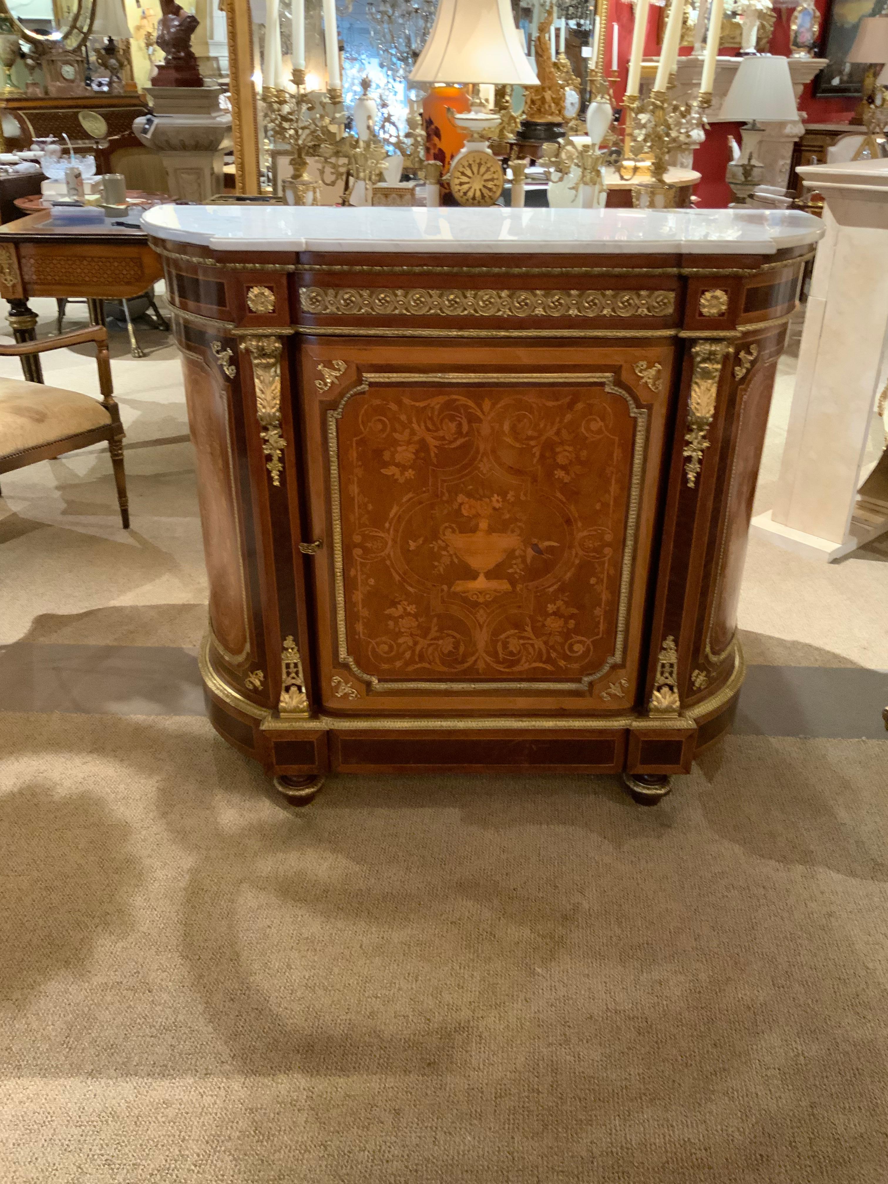 French Louis XVI-Style Cabinet with Marquetry Inlay and Marble Top, 19th C. 2