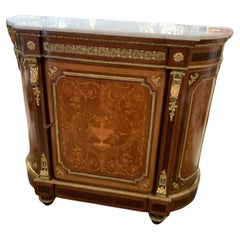 French Louis XVI-Style Cabinet with Marquetry Inlay and Marble Top, 19th C.