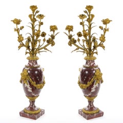 French Louis XVI Style Candelabra / White-veined Red Marble & Gilt Bronze, 1885