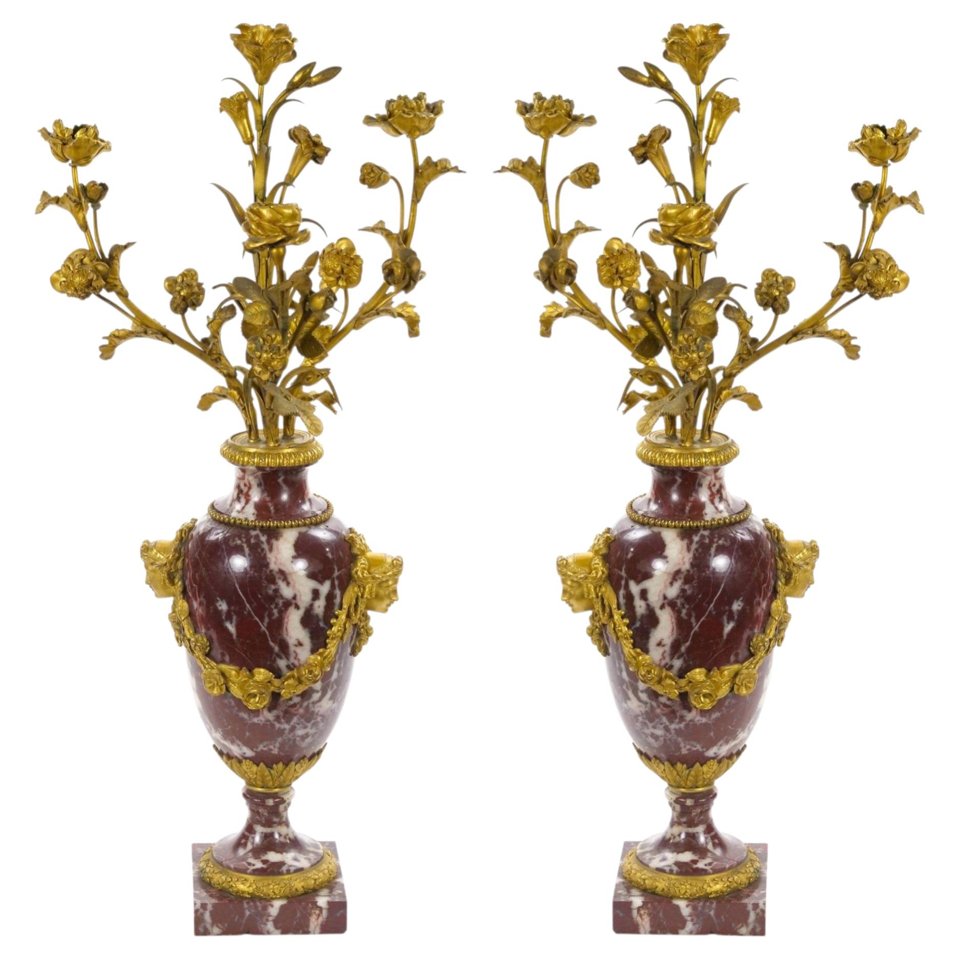 Candelabro francese in stile Luigi XVI / Marmo rosso venato di bianco e bronzo dorato, 1885
