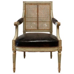 French Louis XVI Style Cane Back and Leather Upholstered Arm Chair