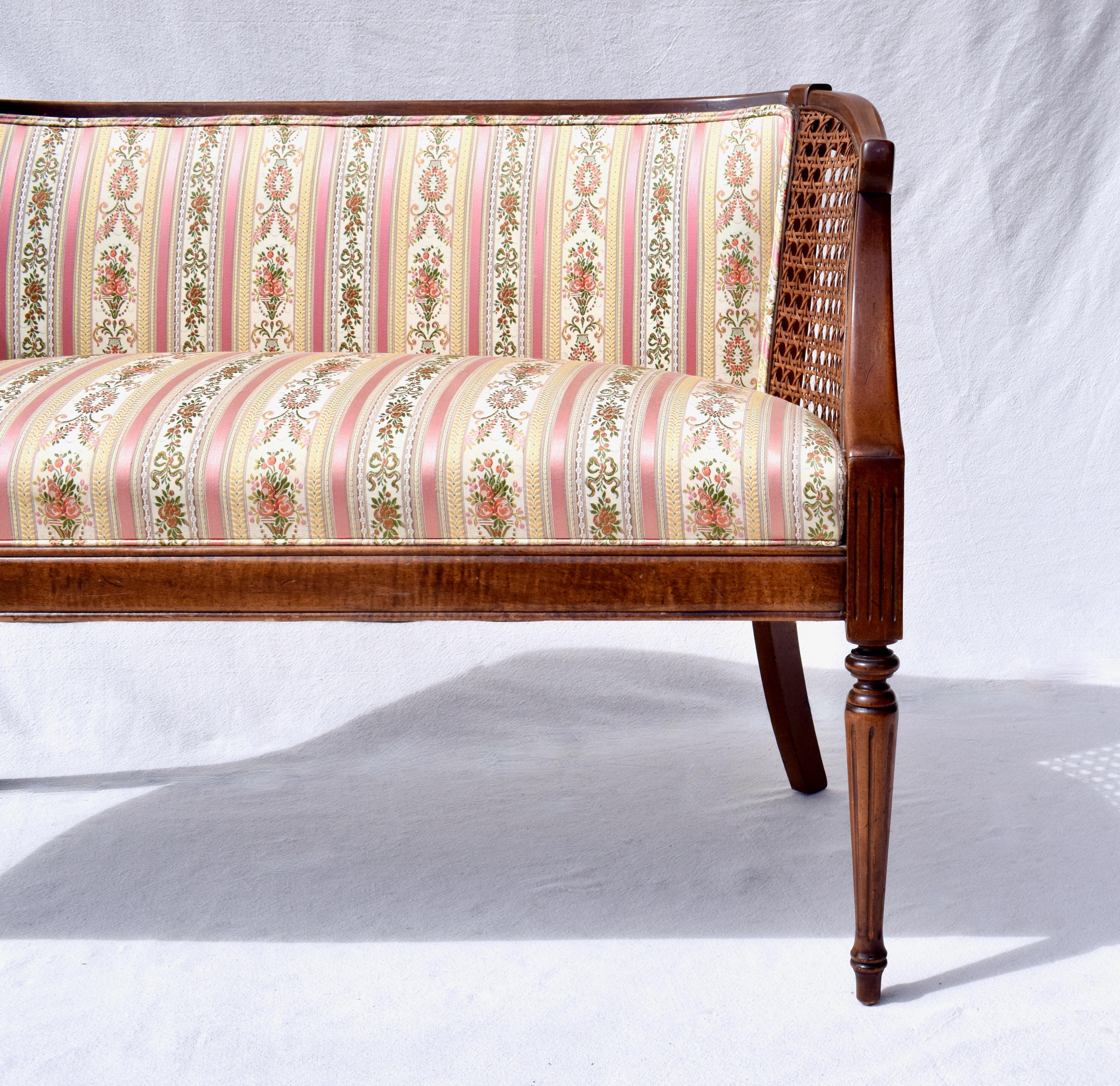 Upholstery French Louis XVI Style Cane Curve Back Settee For Sale
