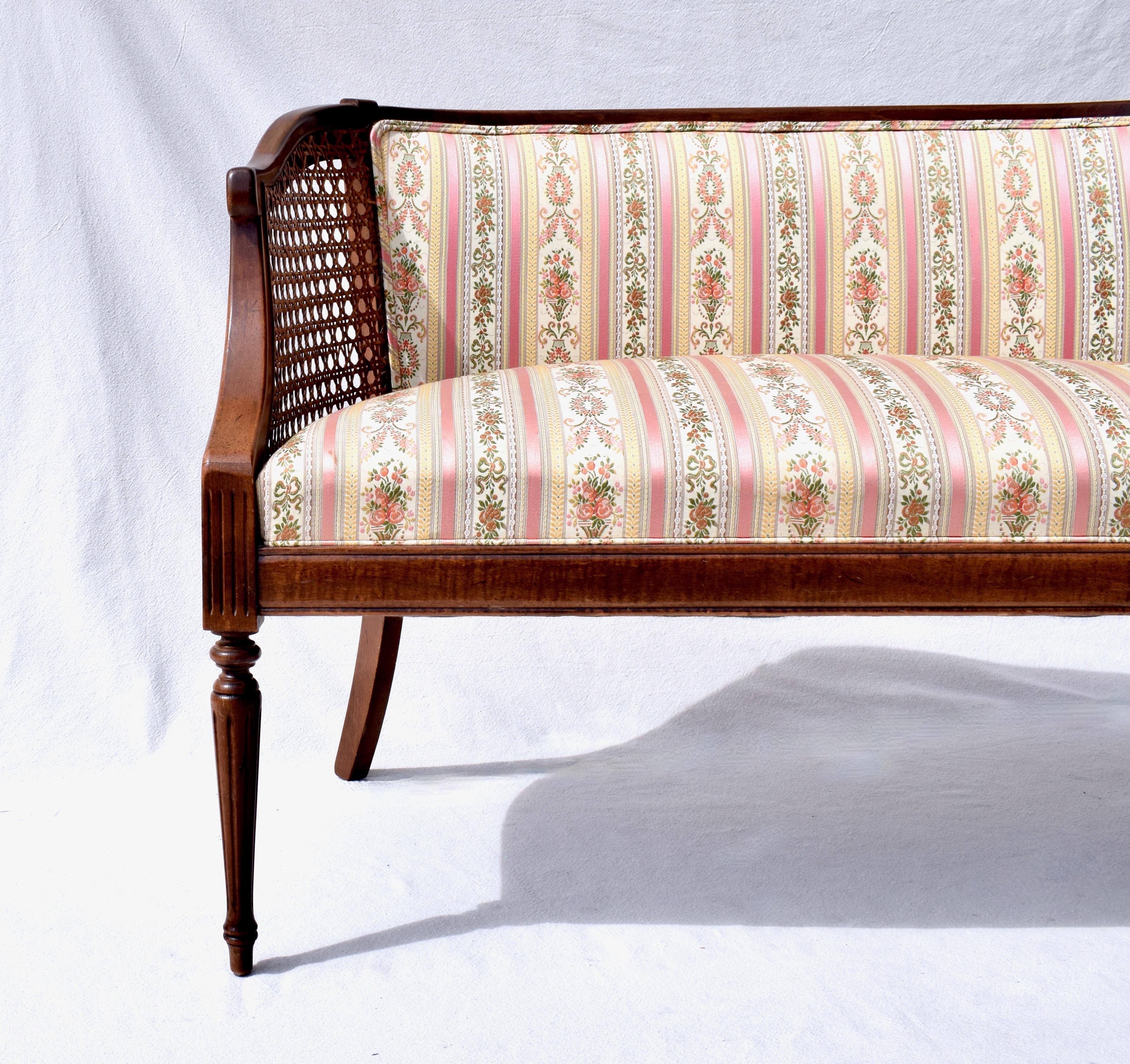 Upholstery French Louis XVI Style Cane Curve Back Settee For Sale