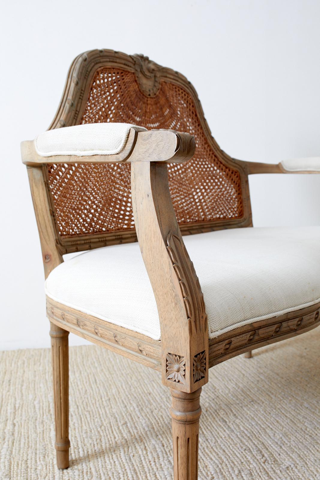 French Louis XVI Style Caned Back Linen Settee 4