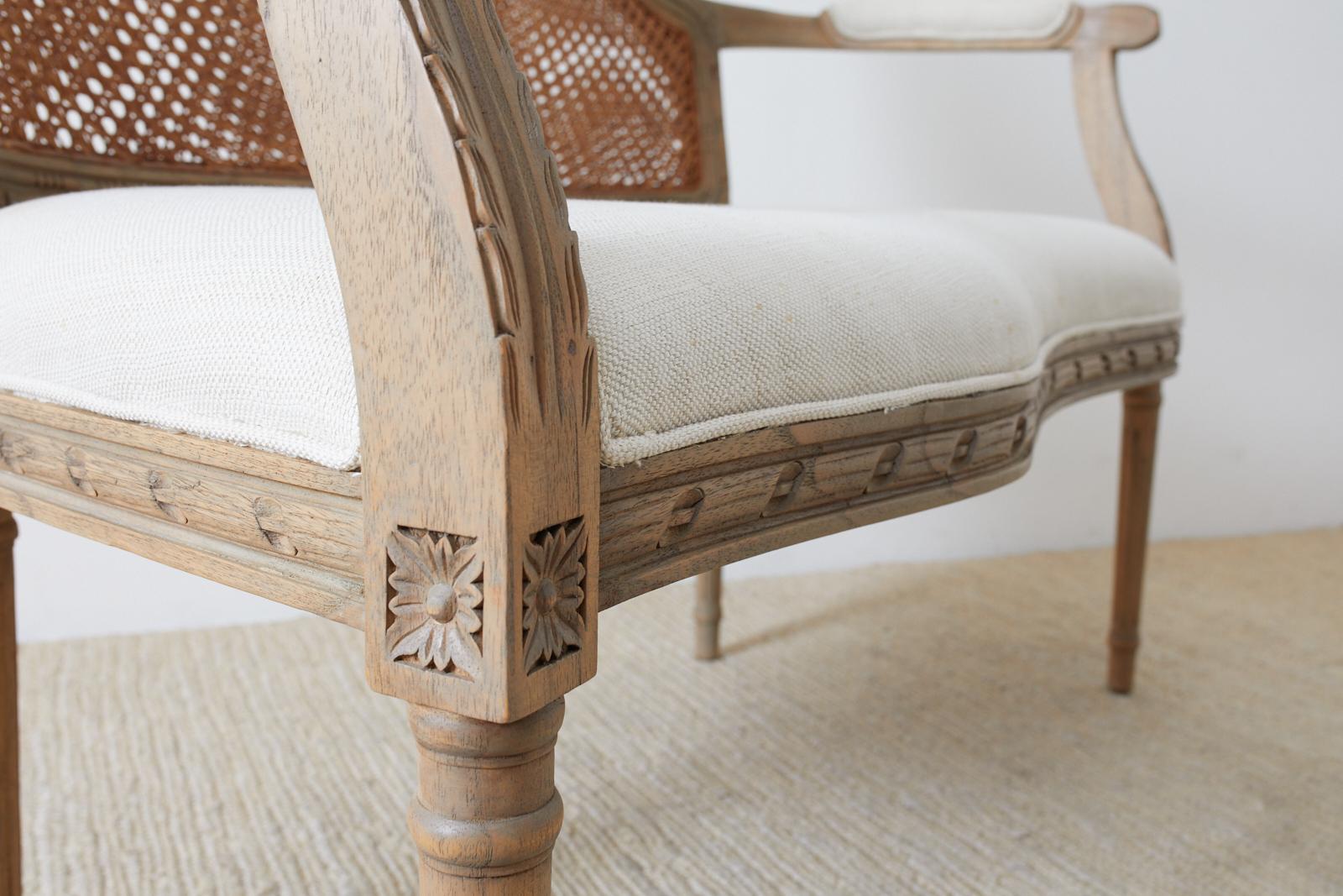 French Louis XVI Style Caned Back Linen Settee 6