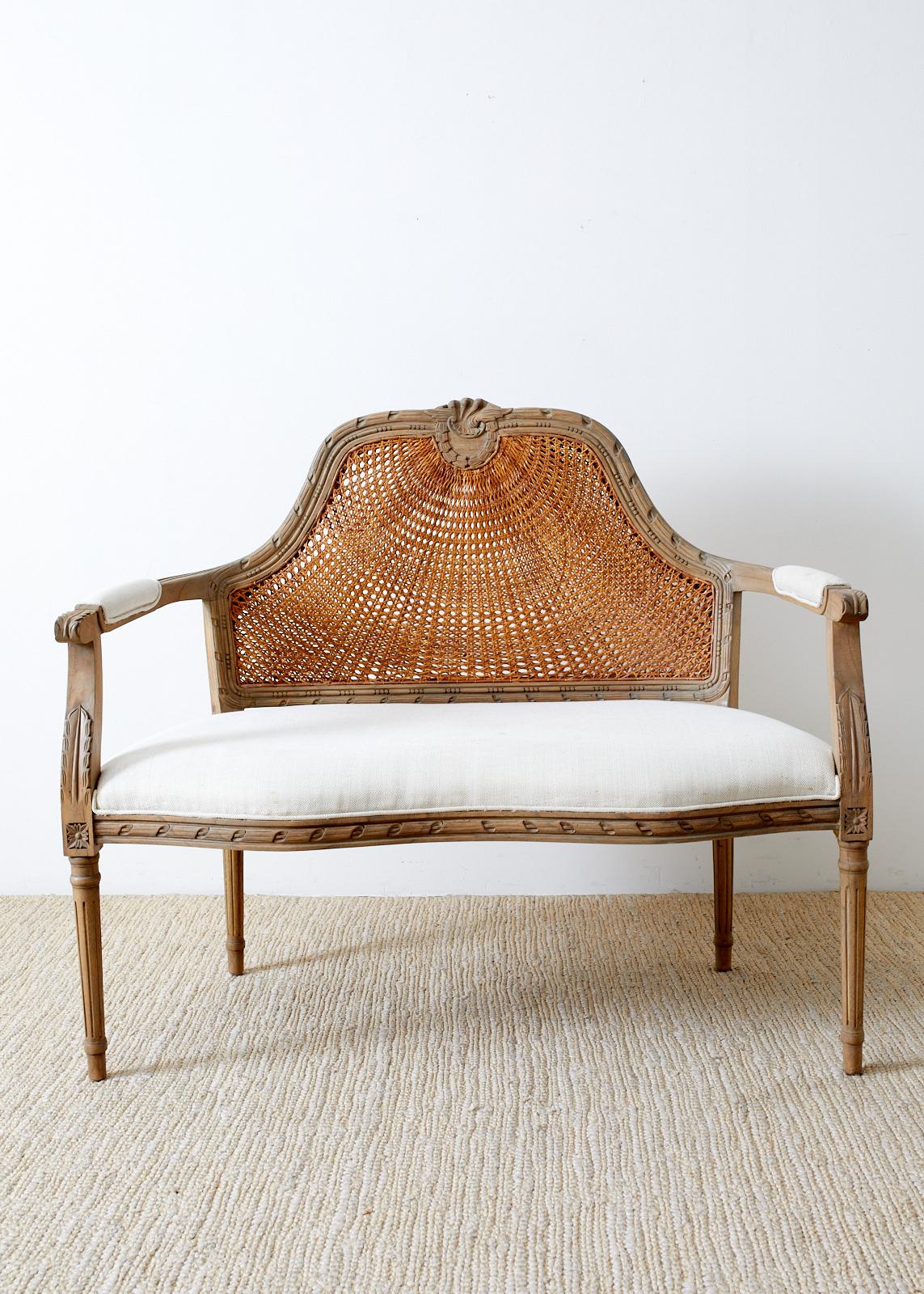 French Louis XVI Style Caned Back Linen Settee In Good Condition In Rio Vista, CA