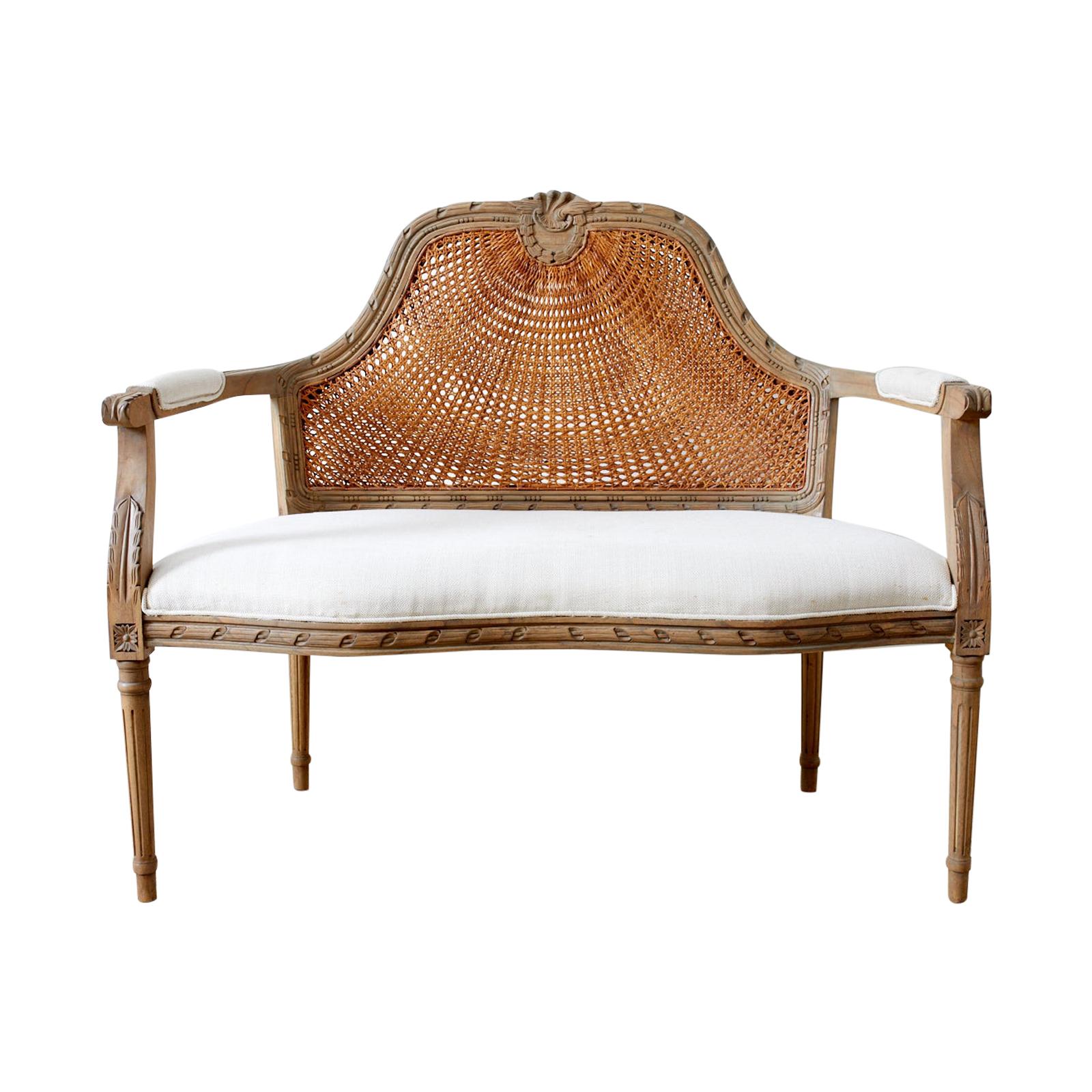 French Louis XVI Style Caned Back Linen Settee