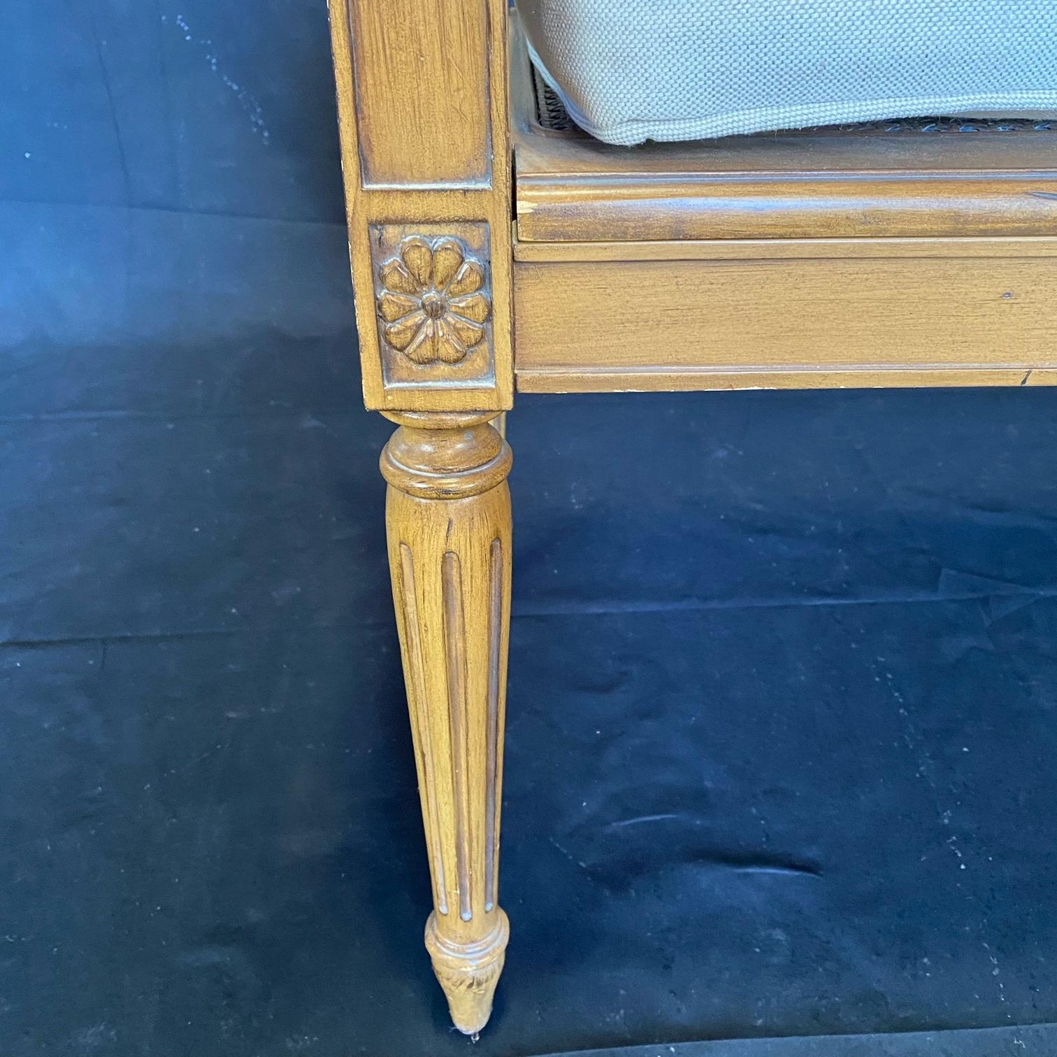 French Louis XVI Style Caned Carved Window Arm Bench with New Seat Cushion 5