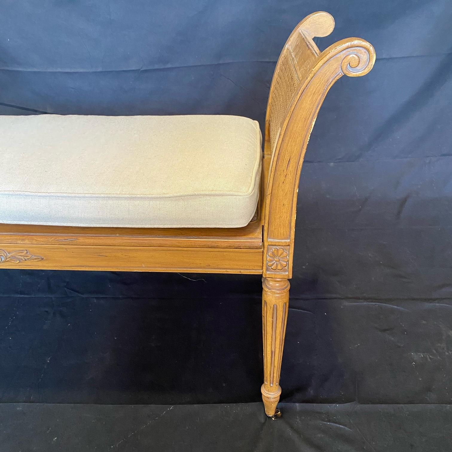 French Louis XVI Style Caned Carved Window Arm Bench with New Seat Cushion 6