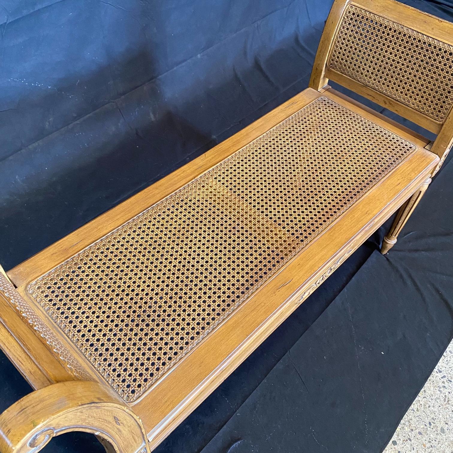 French Louis XVI Style Caned Carved Window Arm Bench with New Seat Cushion 8