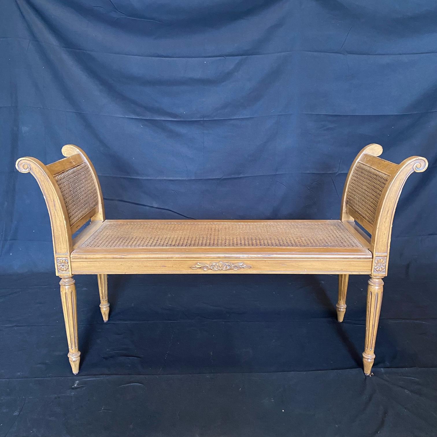 French Louis XVI Style Caned Carved Window Arm Bench with New Seat Cushion 9