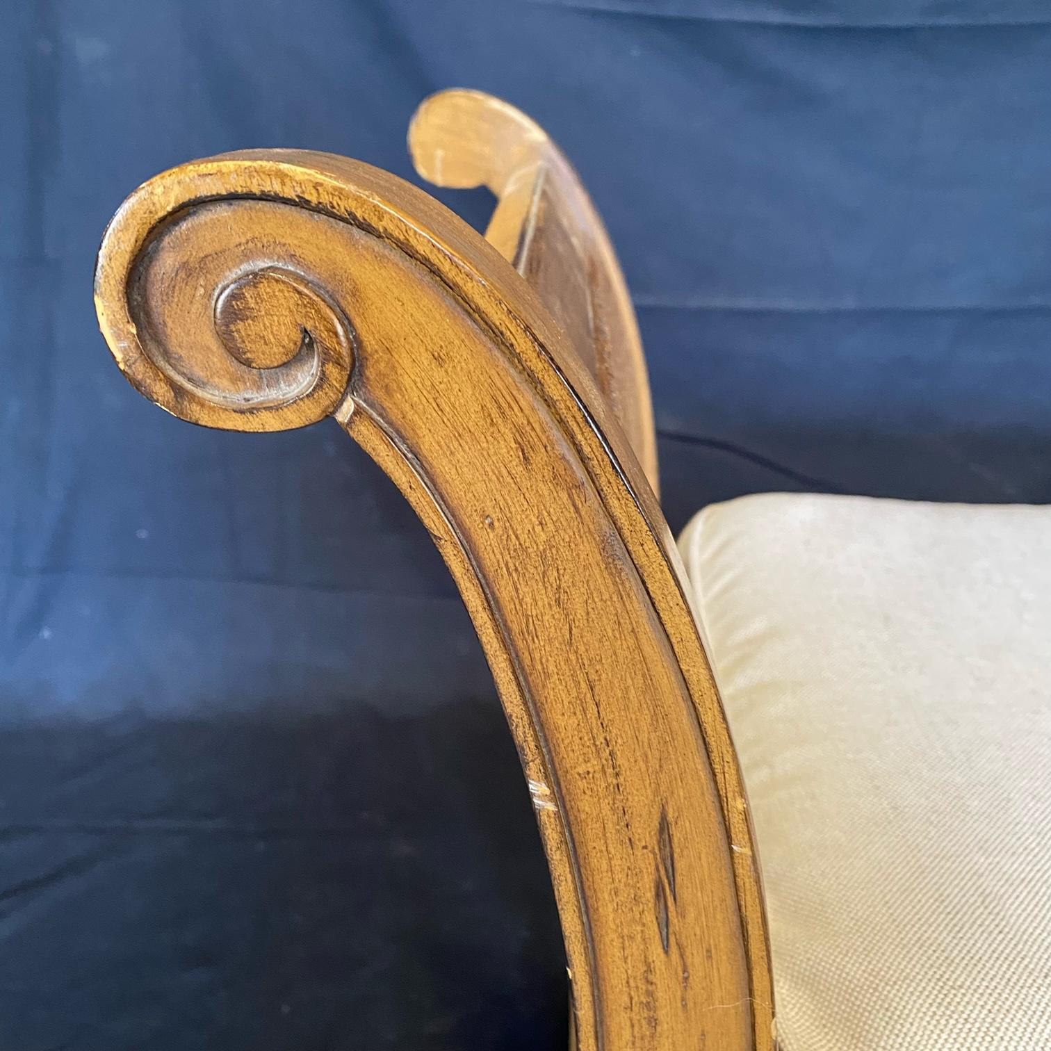 Mid-20th Century French Louis XVI Style Caned Carved Window Arm Bench with New Seat Cushion