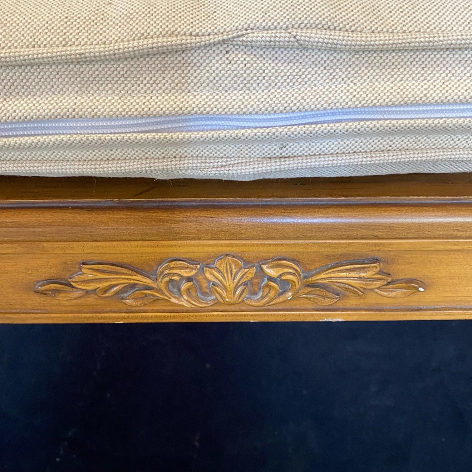 Upholstery French Louis XVI Style Caned Carved Window Arm Bench with New Seat Cushion
