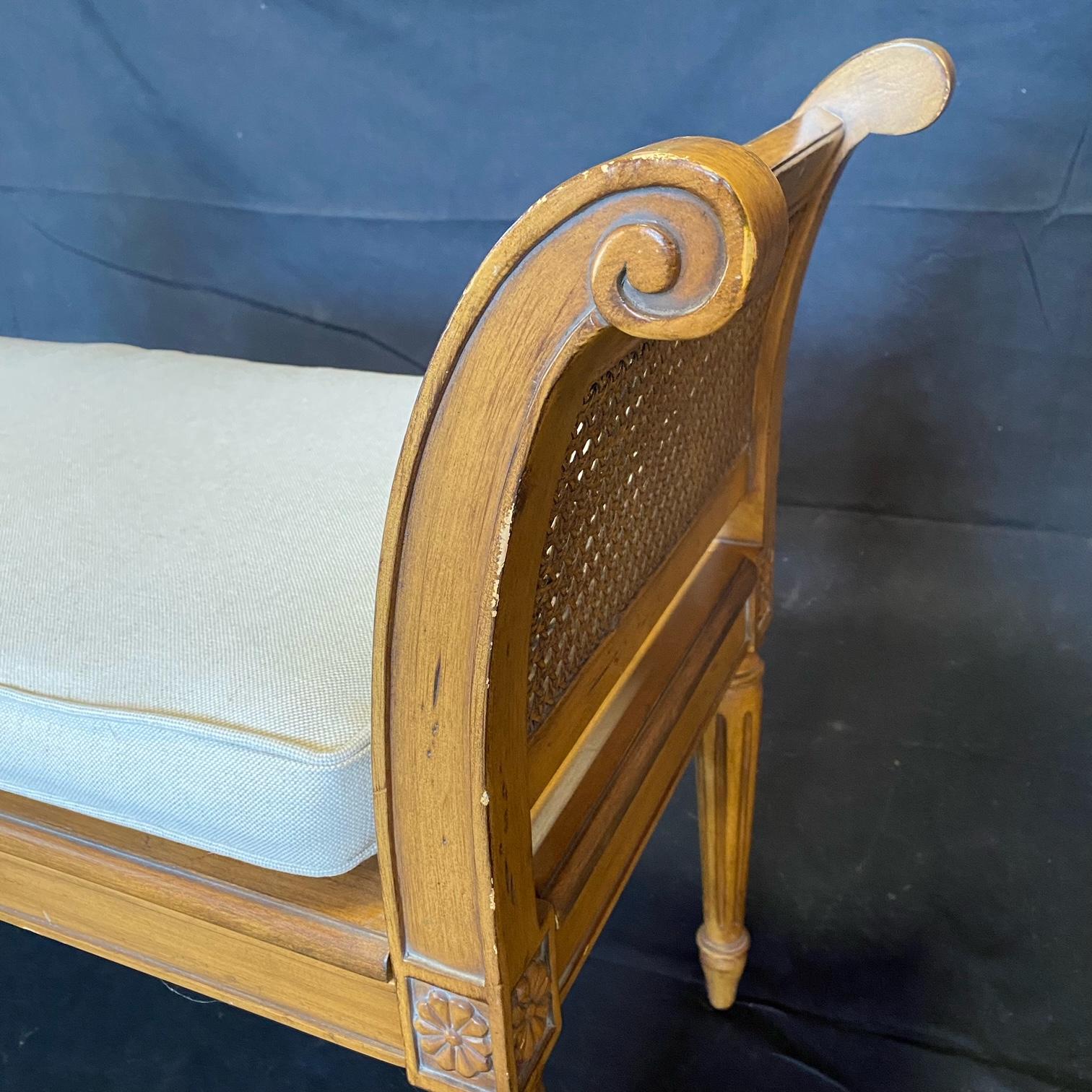 French Louis XVI Style Caned Carved Window Arm Bench with New Seat Cushion 1