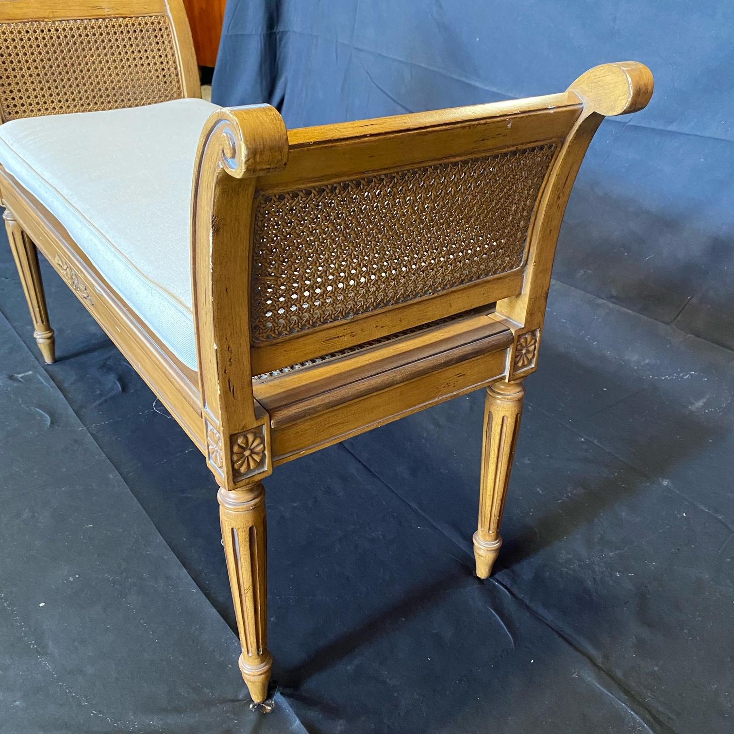 French Louis XVI Style Caned Carved Window Arm Bench with New Seat Cushion 2