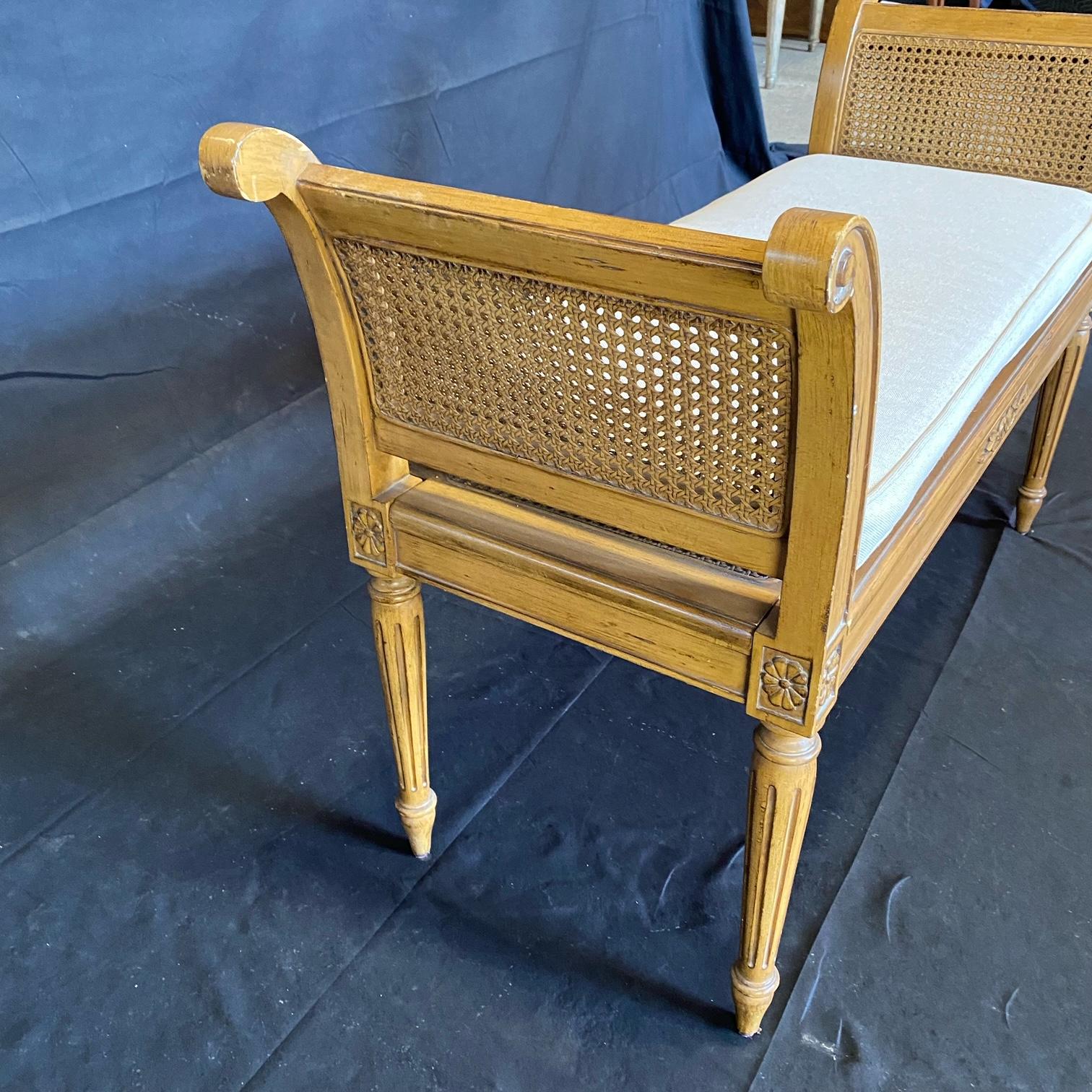 French Louis XVI Style Caned Carved Window Arm Bench with New Seat Cushion 3