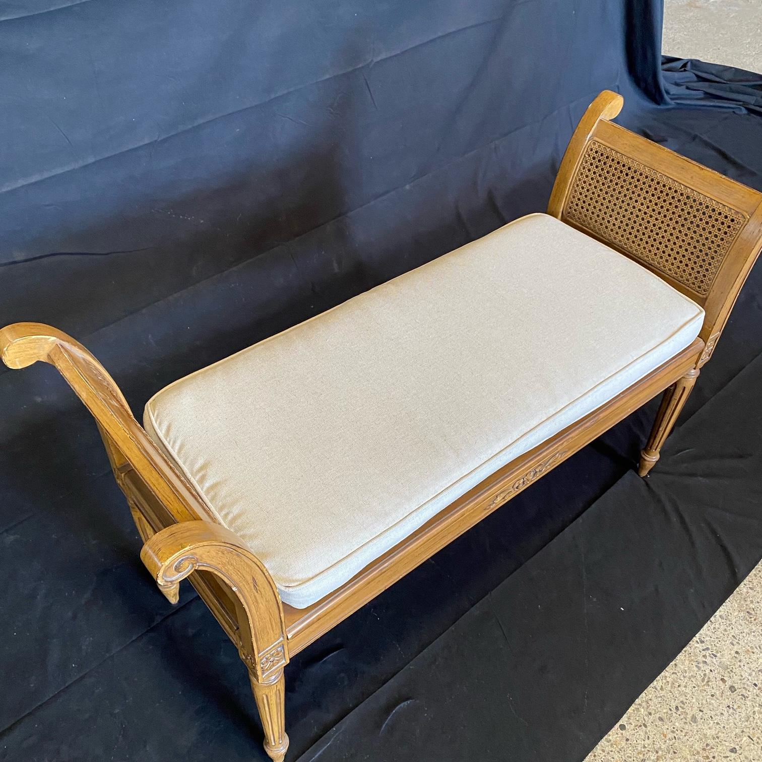 French Louis XVI Style Caned Carved Window Arm Bench with New Seat Cushion 4