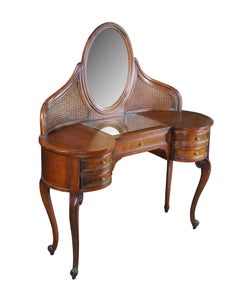 French Louis XVI Style Caned Cherry Mirrored Kidney Dressing Table Vanity Desk