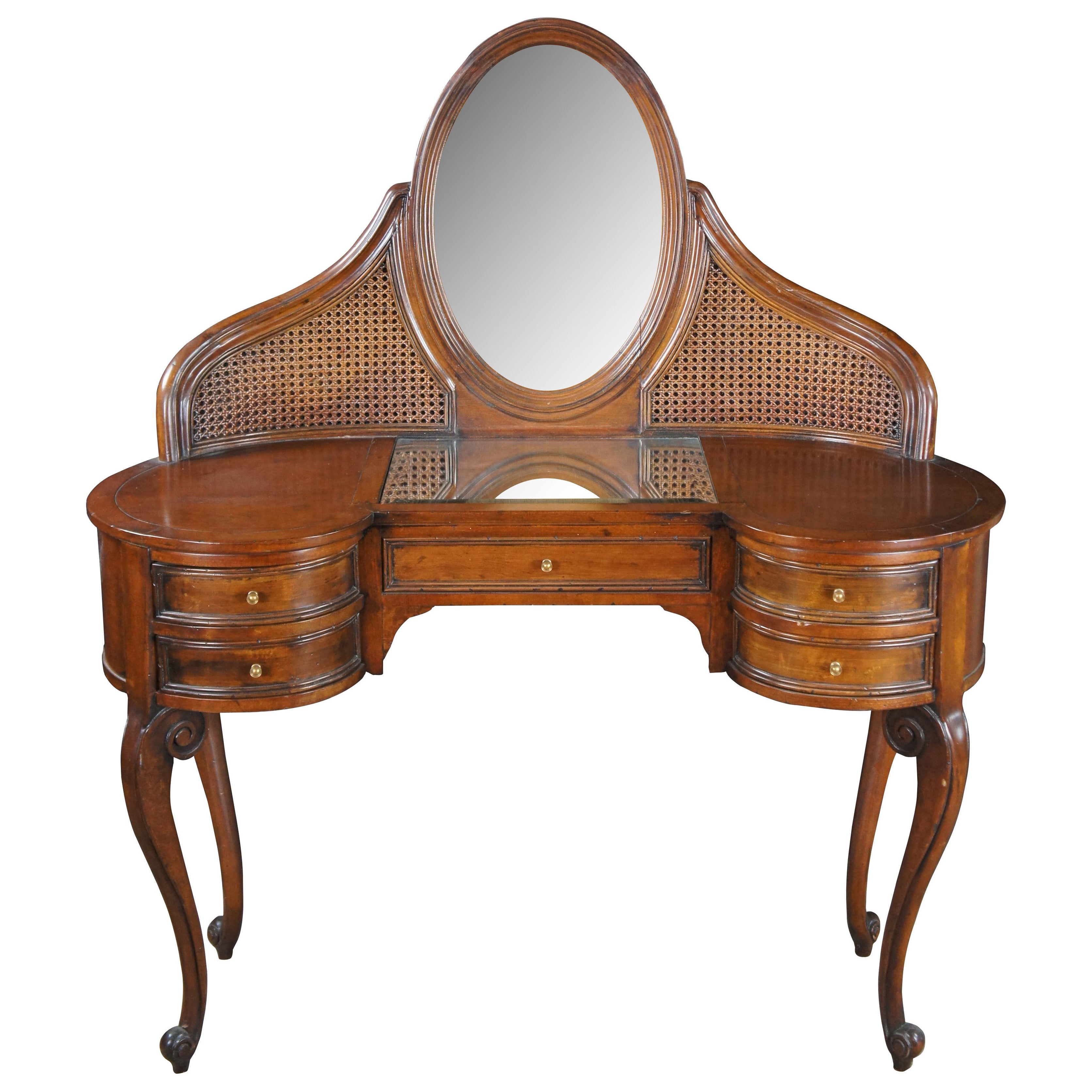 French Louis XVI Style Caned Cherry Mirrored Kidney Dressing Table Vanity Desk