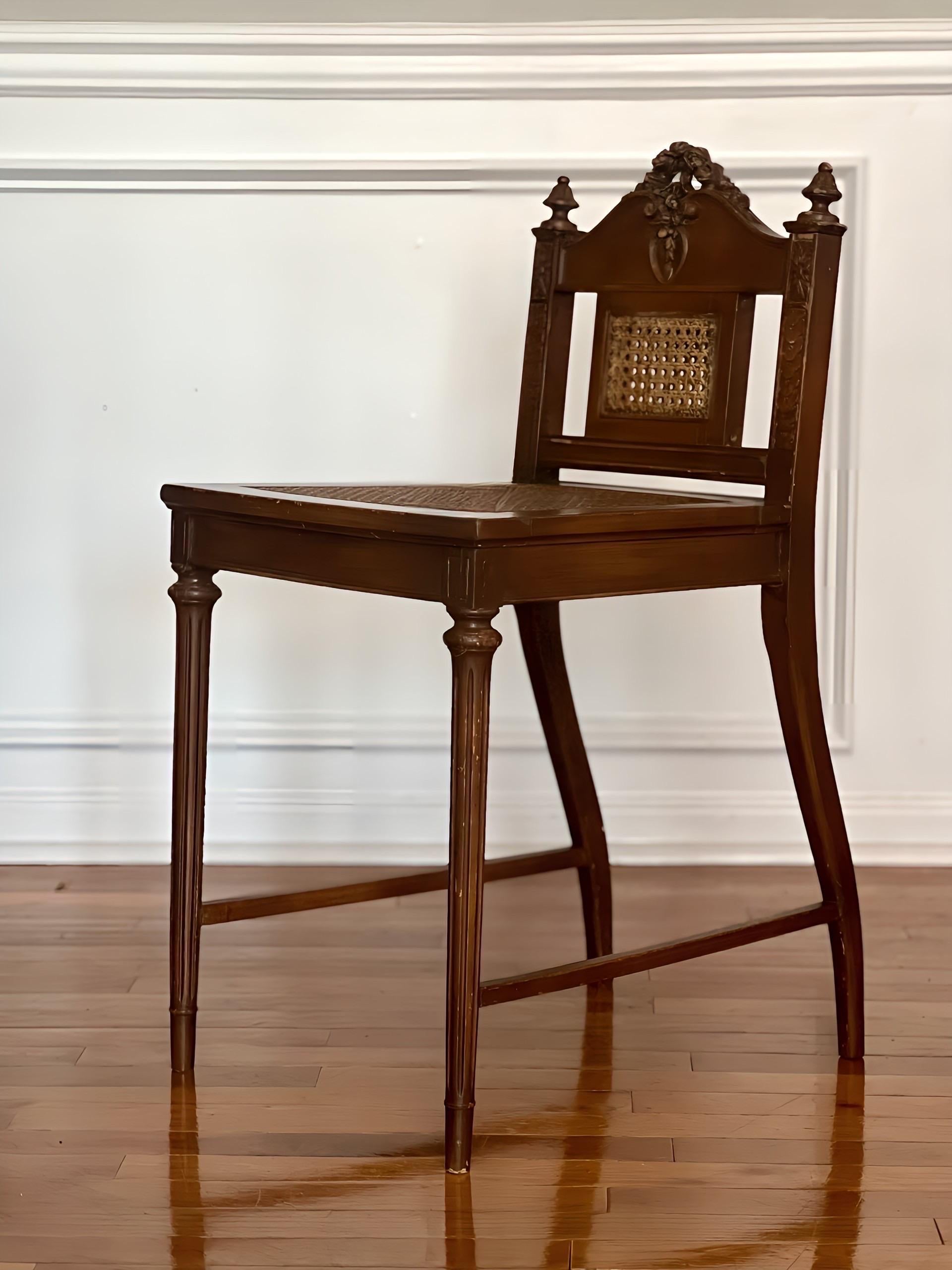 French Louis XVI Style Caned Seat and Back Carved Oak Vanity Chair For Sale 2