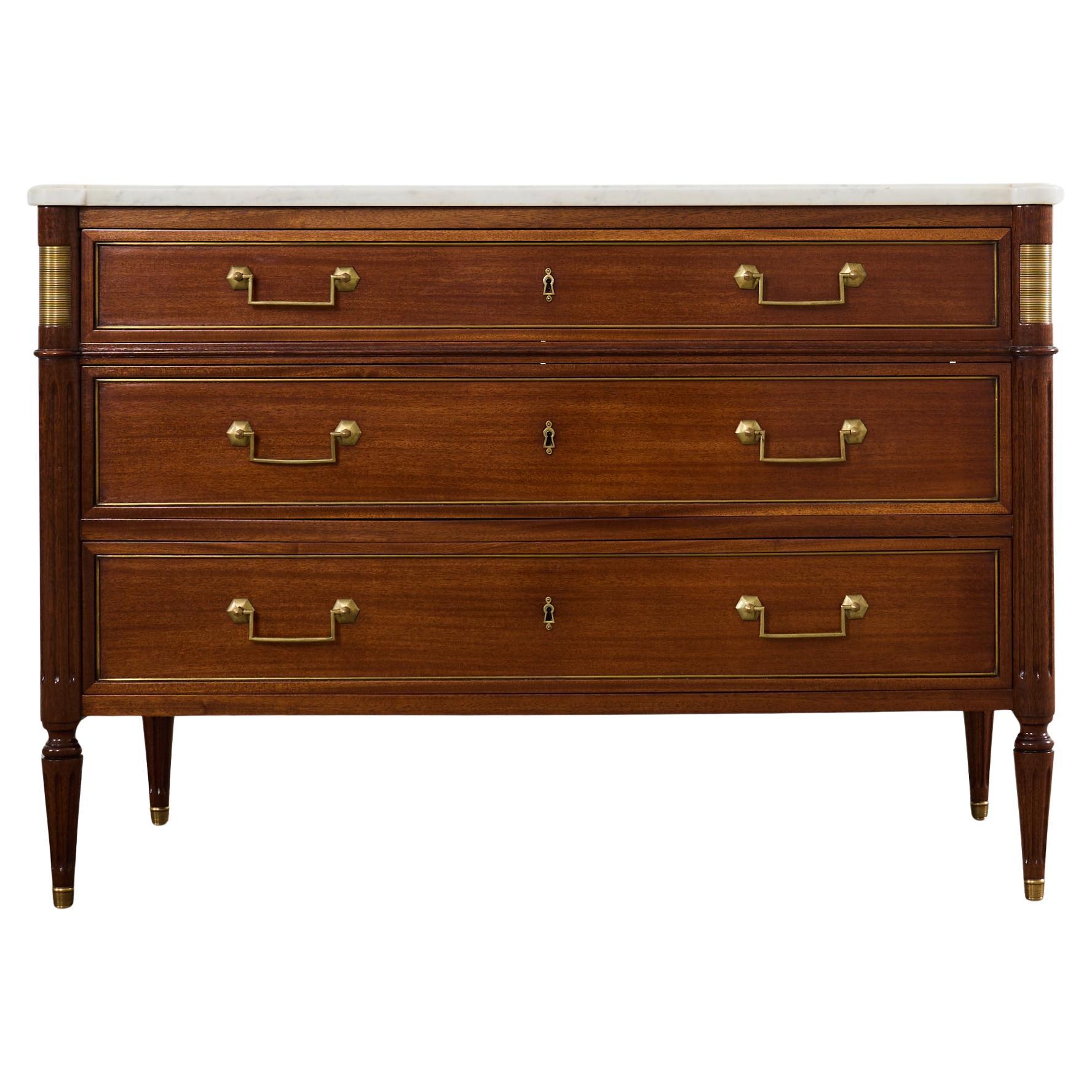 French Louis XVI Style Carrara Marble Top Mahogany Commode