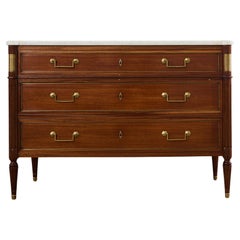 French Louis XVI Style Carrara Marble Top Mahogany Commode