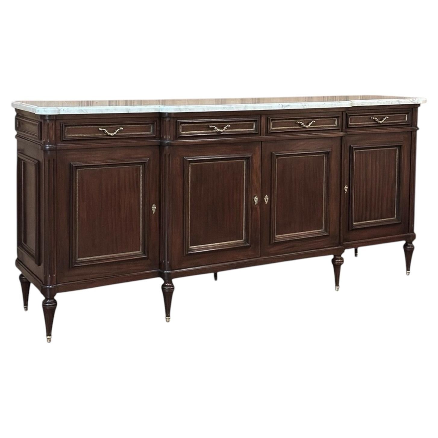 French Louis XVI Style Carrara Marble Top Mahogany Four Door Buffet