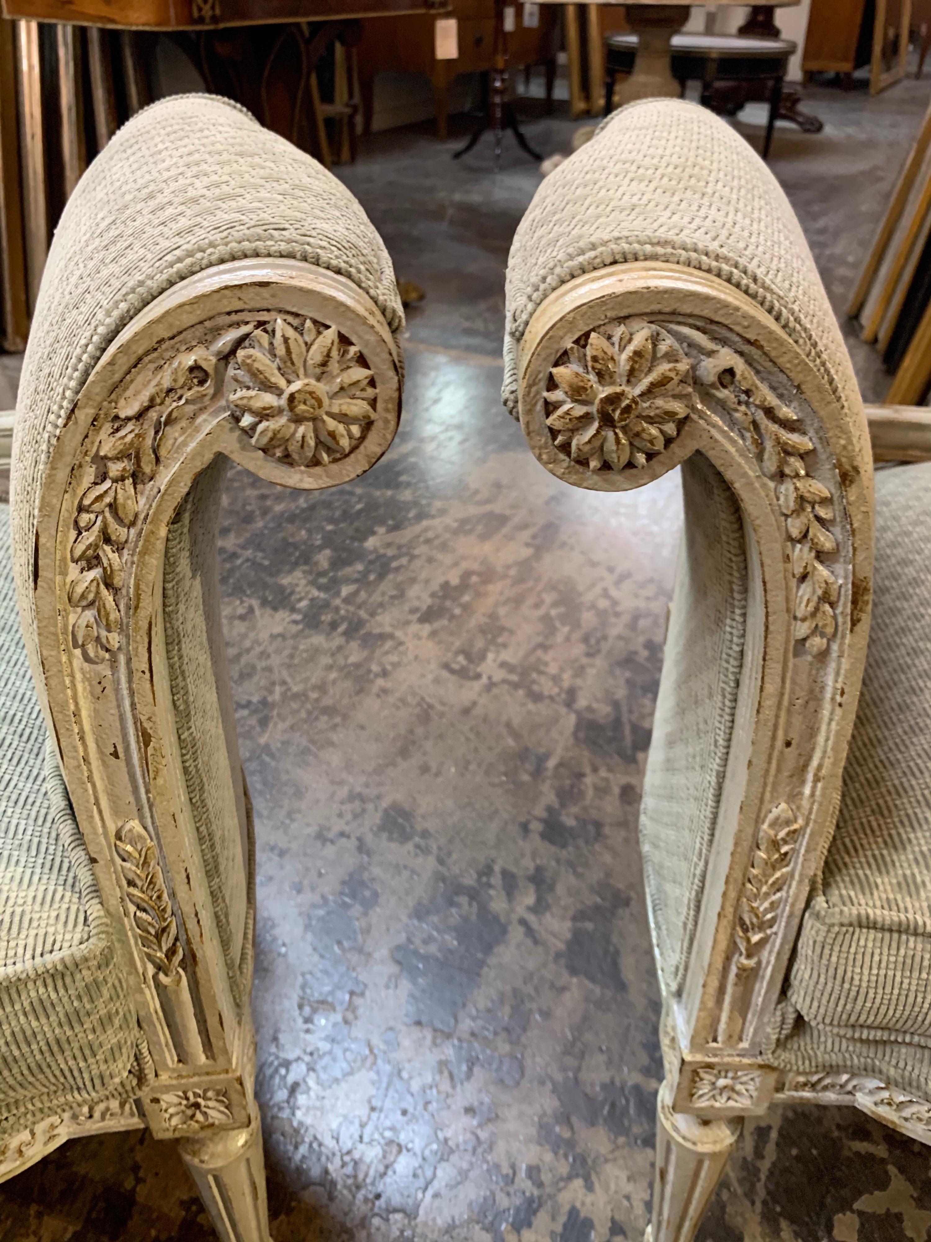 French Louis XVI Style Carved and Painted Benches In Good Condition In Dallas, TX