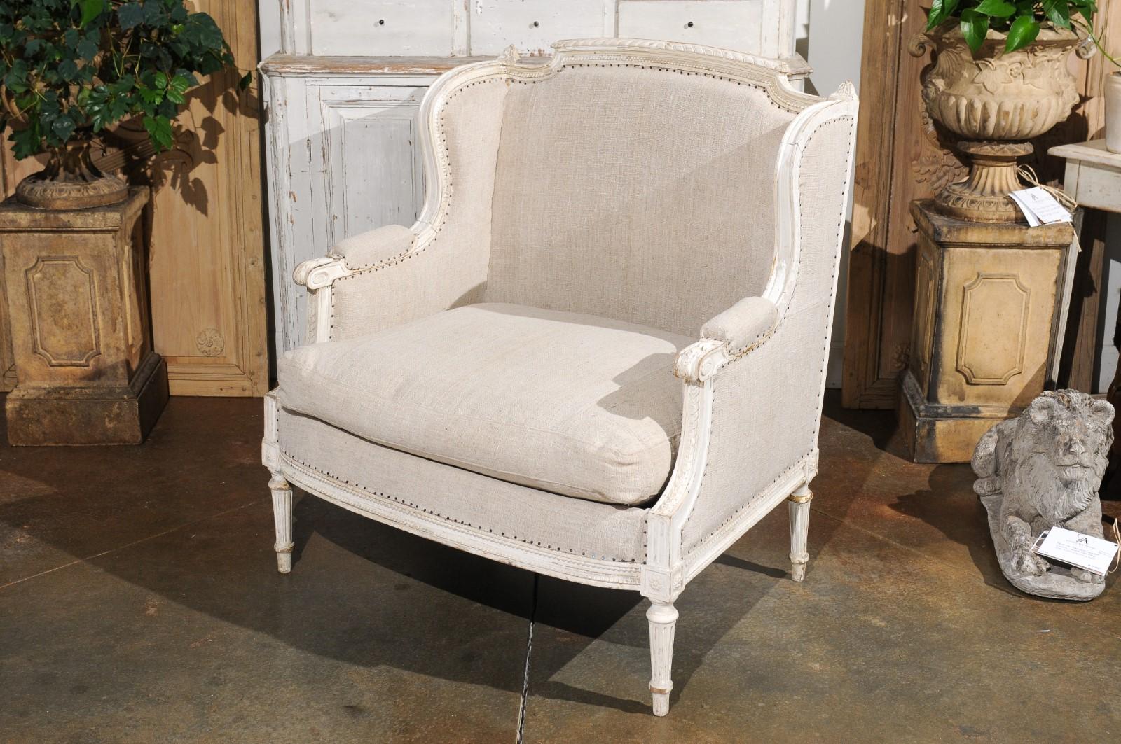 French Louis XVI Style Carved and Painted Wood Marquise Wingback Armchair For Sale 6