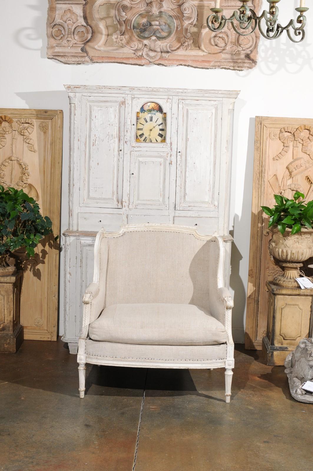 French Louis XVI Style Carved and Painted Wood Marquise Wingback Armchair For Sale 7