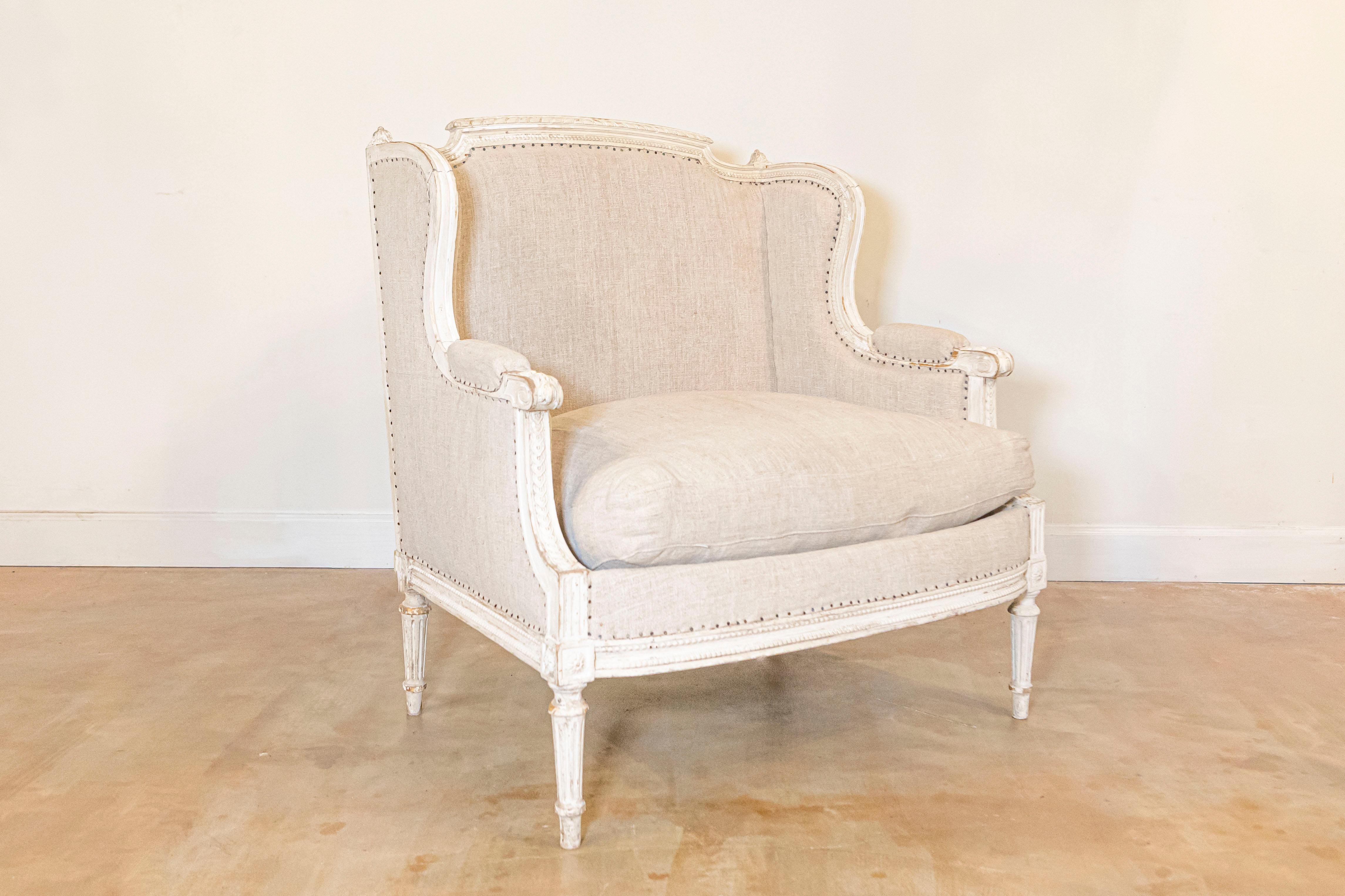 French Louis XVI Style Carved and Painted Wood Marquise Wingback Armchair In Good Condition For Sale In Atlanta, GA