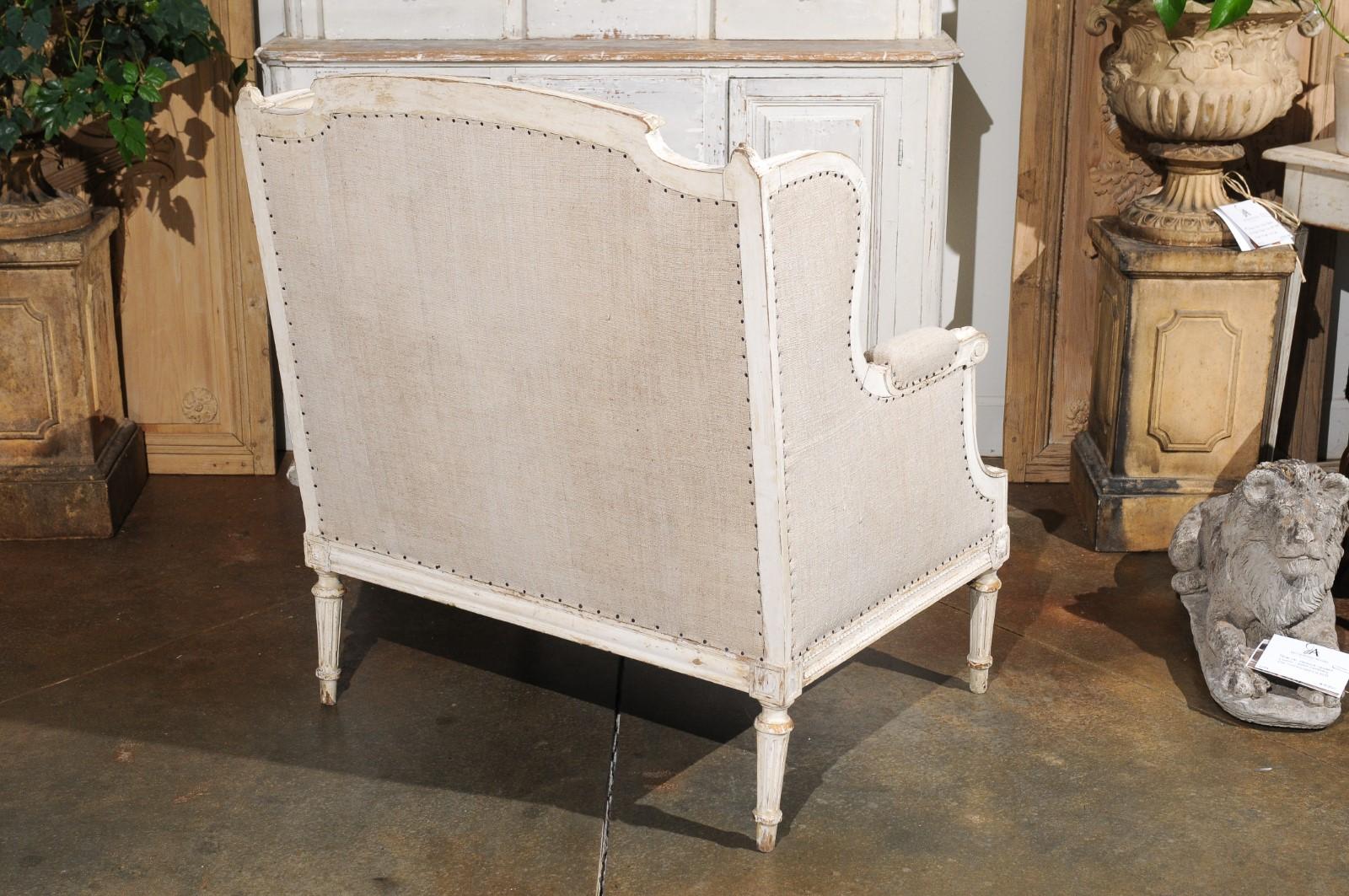 French Louis XVI Style Carved and Painted Wood Marquise Wingback Armchair For Sale 2