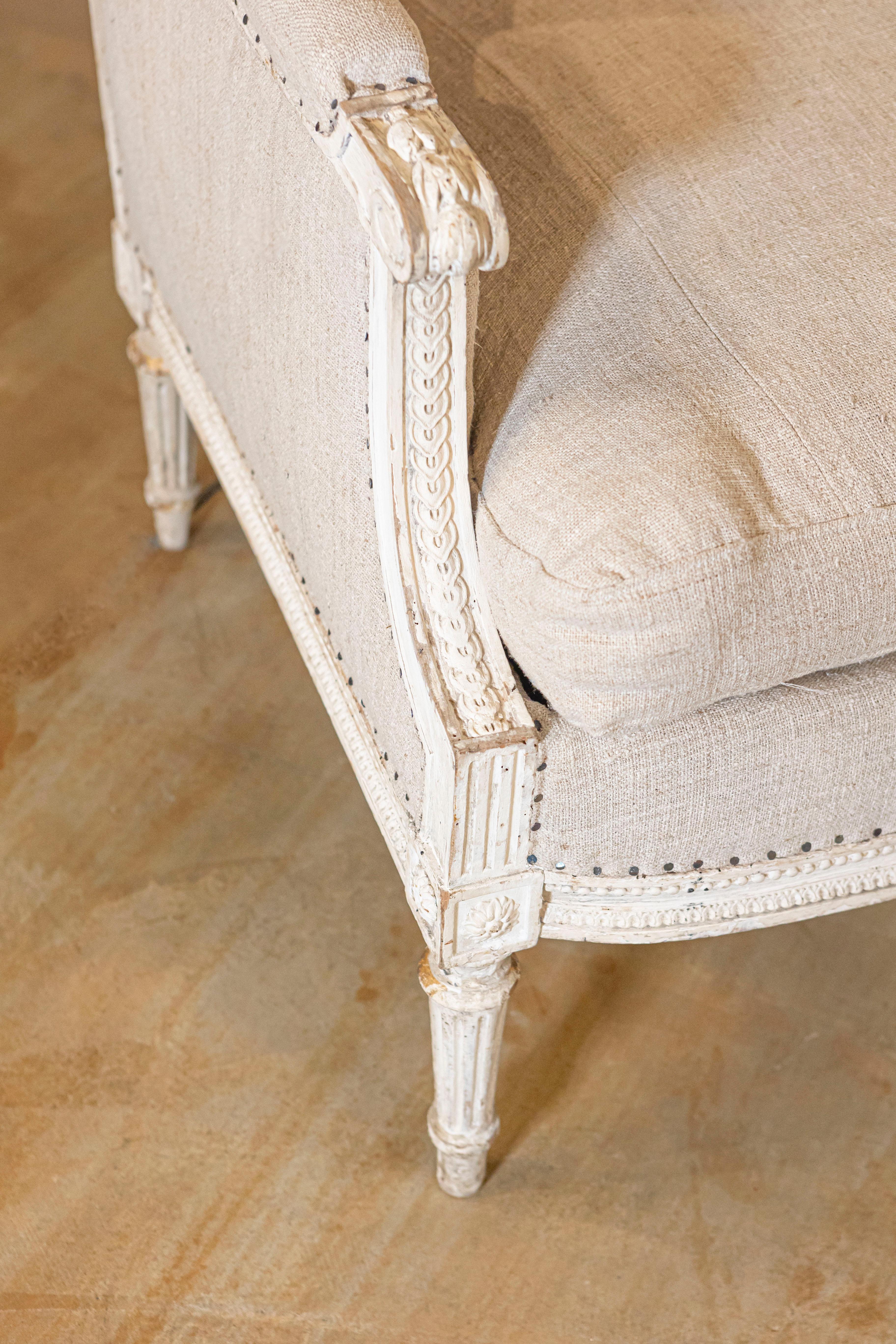French Louis XVI Style Carved and Painted Wood Marquise Wingback Armchair For Sale 1