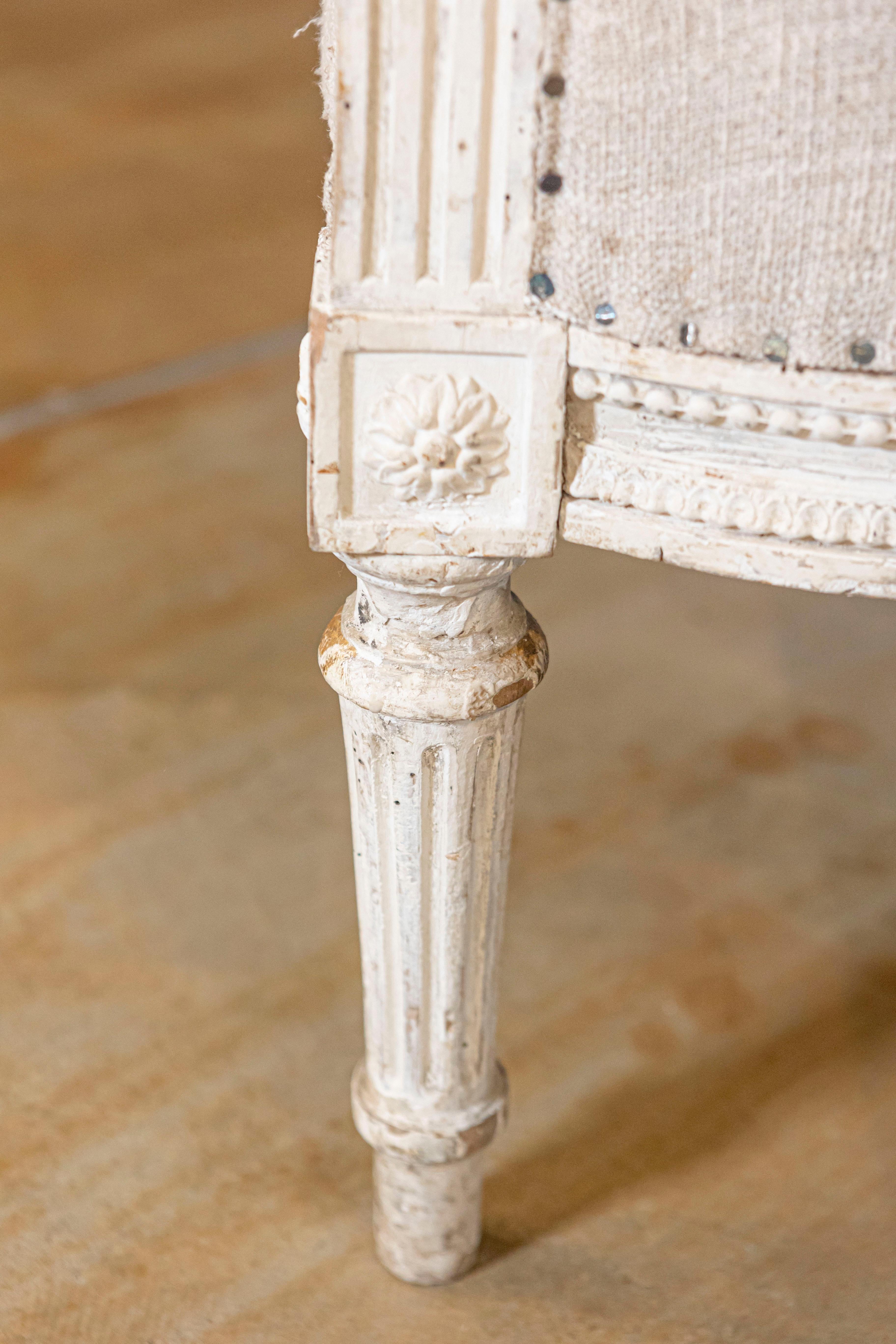 French Louis XVI Style Carved and Painted Wood Marquise Wingback Armchair For Sale 3