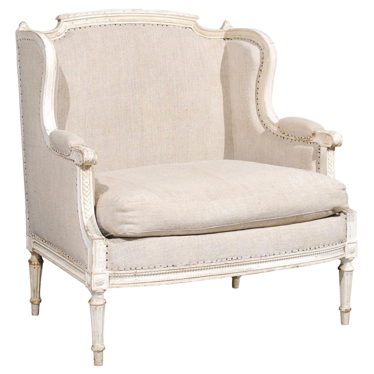 French Louis XVI Style Carved and Painted Wood Marquise Wingback Armchair