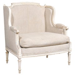 French Louis XVI Style Carved and Painted Wood Marquise Wingback Armchair