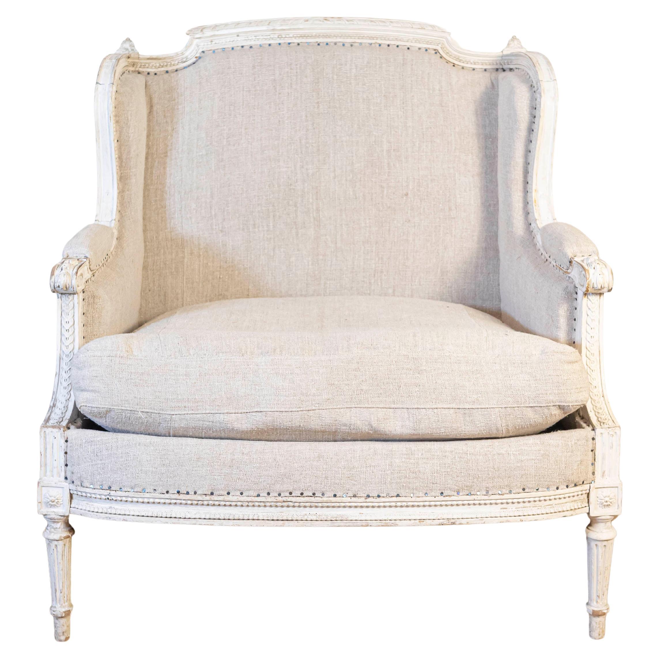 French Louis XVI Style Carved and Painted Wood Marquise Wingback Armchair For Sale