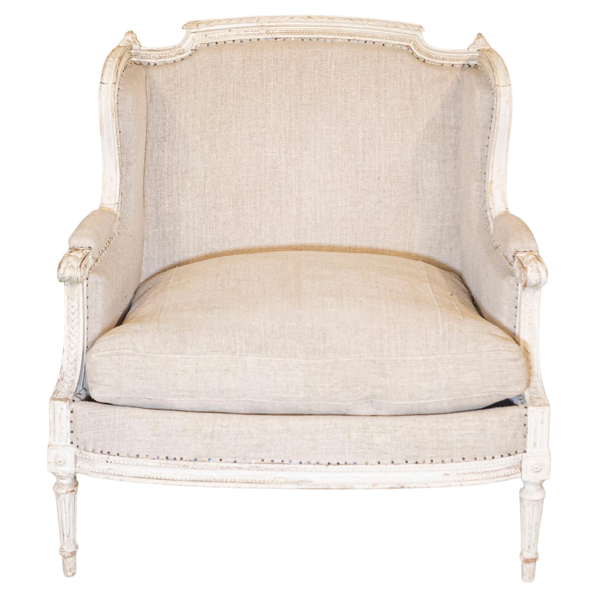 French Louis XVI Style Carved and Painted Wood Marquise Wingback Armchair