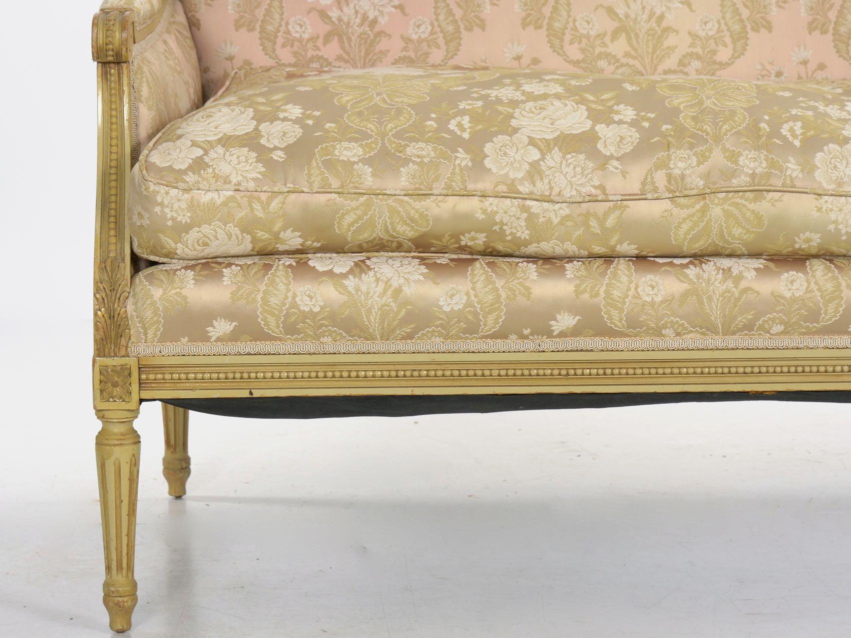 Lacquered French Louis XVI Style Carved Beech White Painted Antique Sofa Settee Loveseat